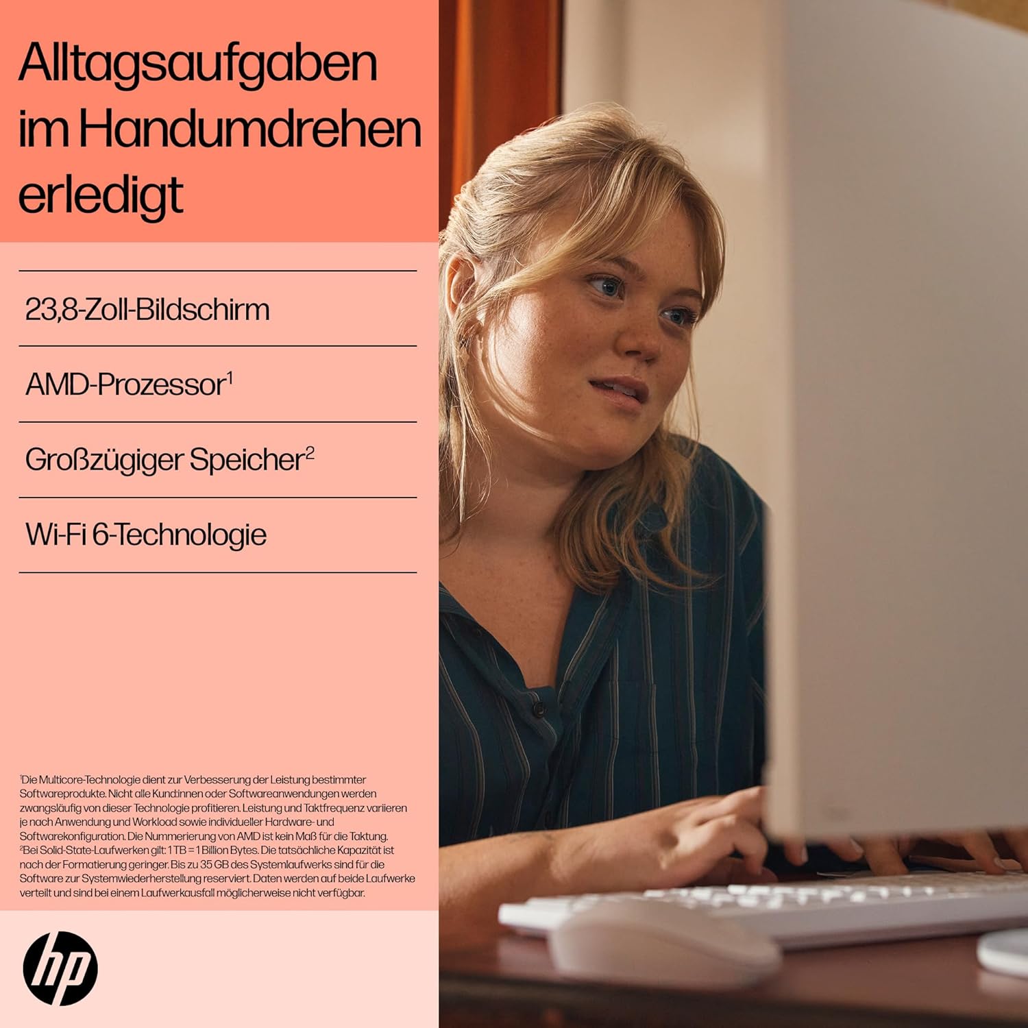 Thumbnail 2 de HP All-in-One Desktop-PC 23,8 Zoll FHD – Ryzen 5 7520U, 8 GB DDR5, 512 GB SSD, Windows 11 Home (weiß)