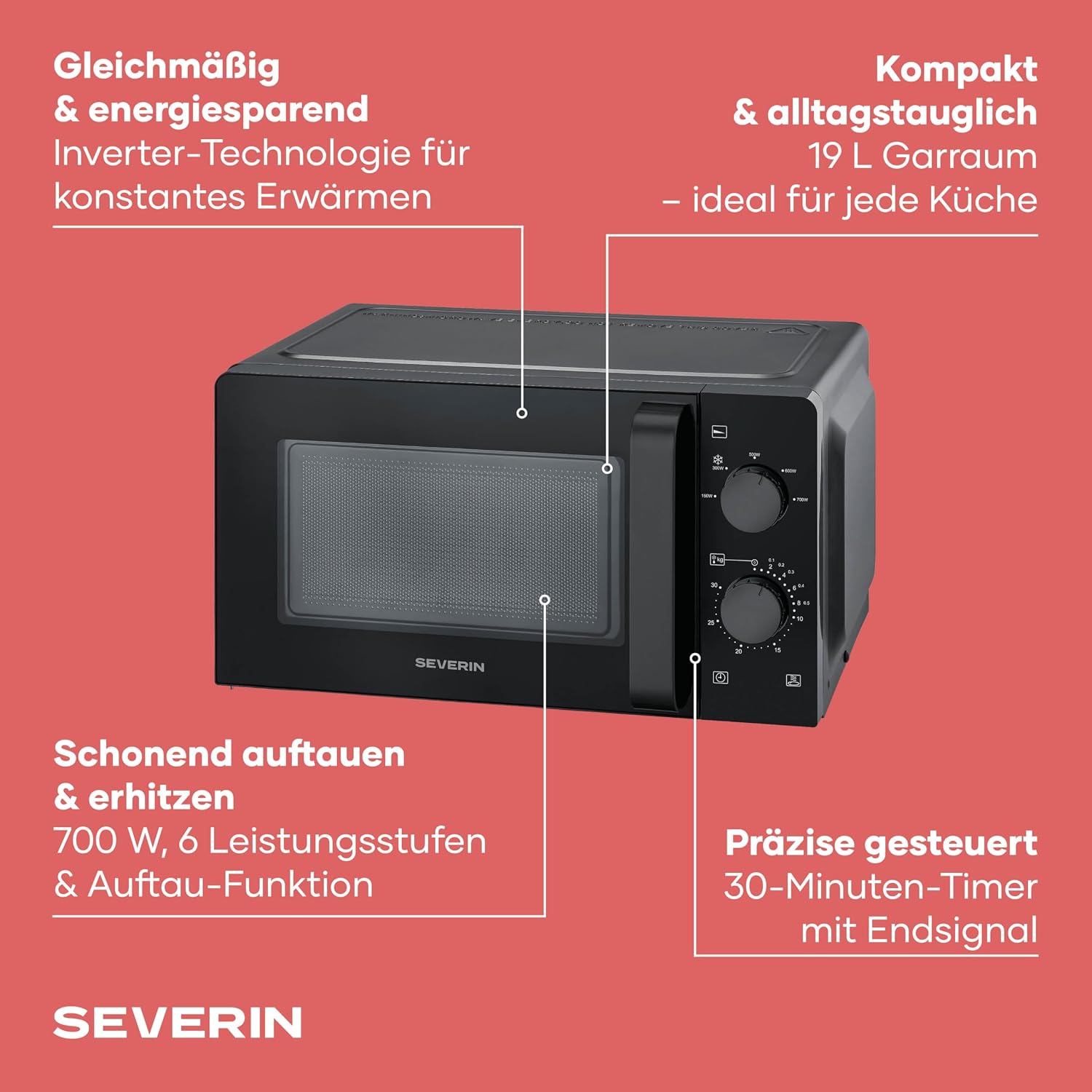 Detalle de SEVERIN Mikrowelle MW 7580: Inverter-Technologie, 19 L, 700 W, Auftaufunktion