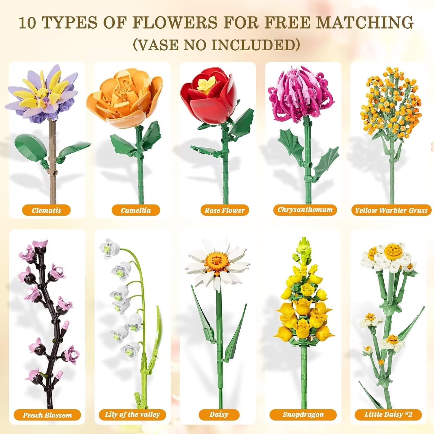Detalle de Flowers Bouquet Building Sets for Adult – 1,070 PCS DIY artificial flower blocks kit with 10 flower types (No vase)