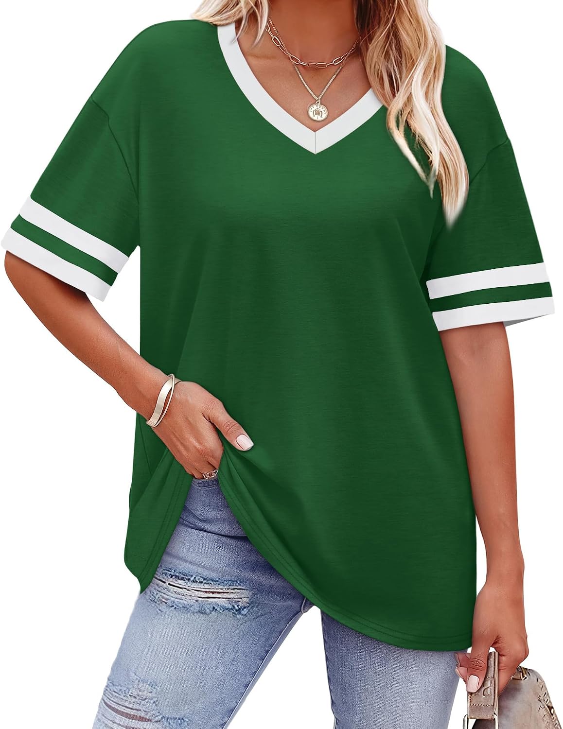 Thumbnail 6 de WIHOLL Women’s Loose Fit V-Neck Color Block T-Shirts (Short Sleeve)