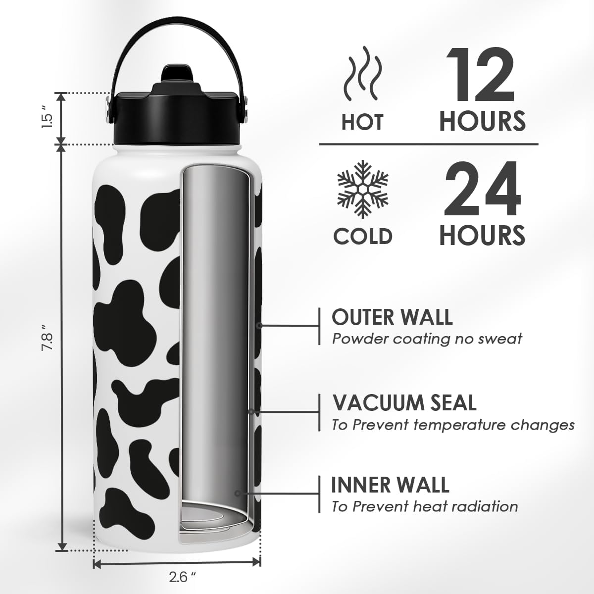 Detalle 1 de SANDJEST SJ-DW-SS-WB32SL Cow Print Insulated Stainless Steel Water Bottle, 32 oz