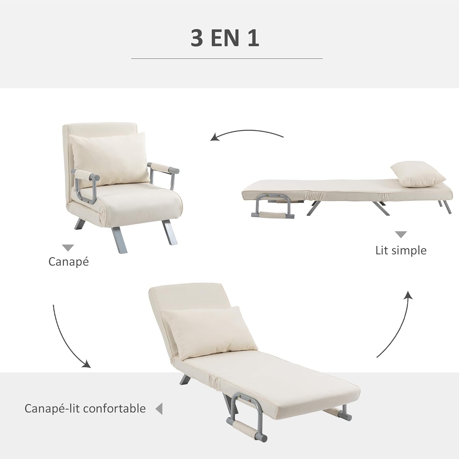 Thumbnail 4 de HOMCOM Fauteuil chauffeuse canapé-lit 1 place – Grand Confort, coussin et accoudoirs métal, revêtement suède blanc