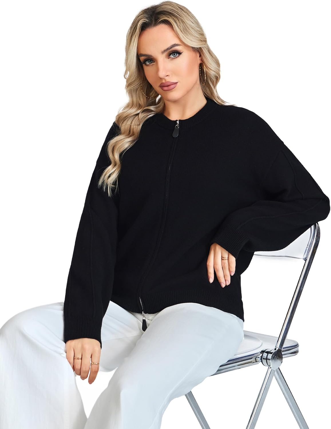 Detalle de VETLURY Damen Strickjacke aus Merinowolle mit Doppelreißverschluss – Rundhals Cardigan für Übergangszeiten