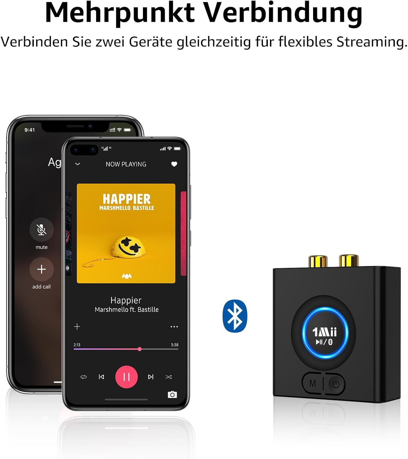 Detalle 2 de 1Mii ML200 Bluetooth-Empfänger für Stereoanlage – Kabelloser Audio-Adapter mit Bass-Boost, 3,5 mm & Cinch, 12 Std. Akku