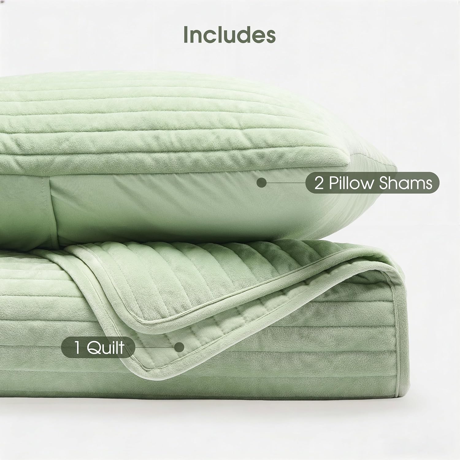 Thumbnail 5 de Velvet Quilt Set Queen Size (3 Piece) in Sage Green — Lightweight, Soft, Breathable Velvet Bedding