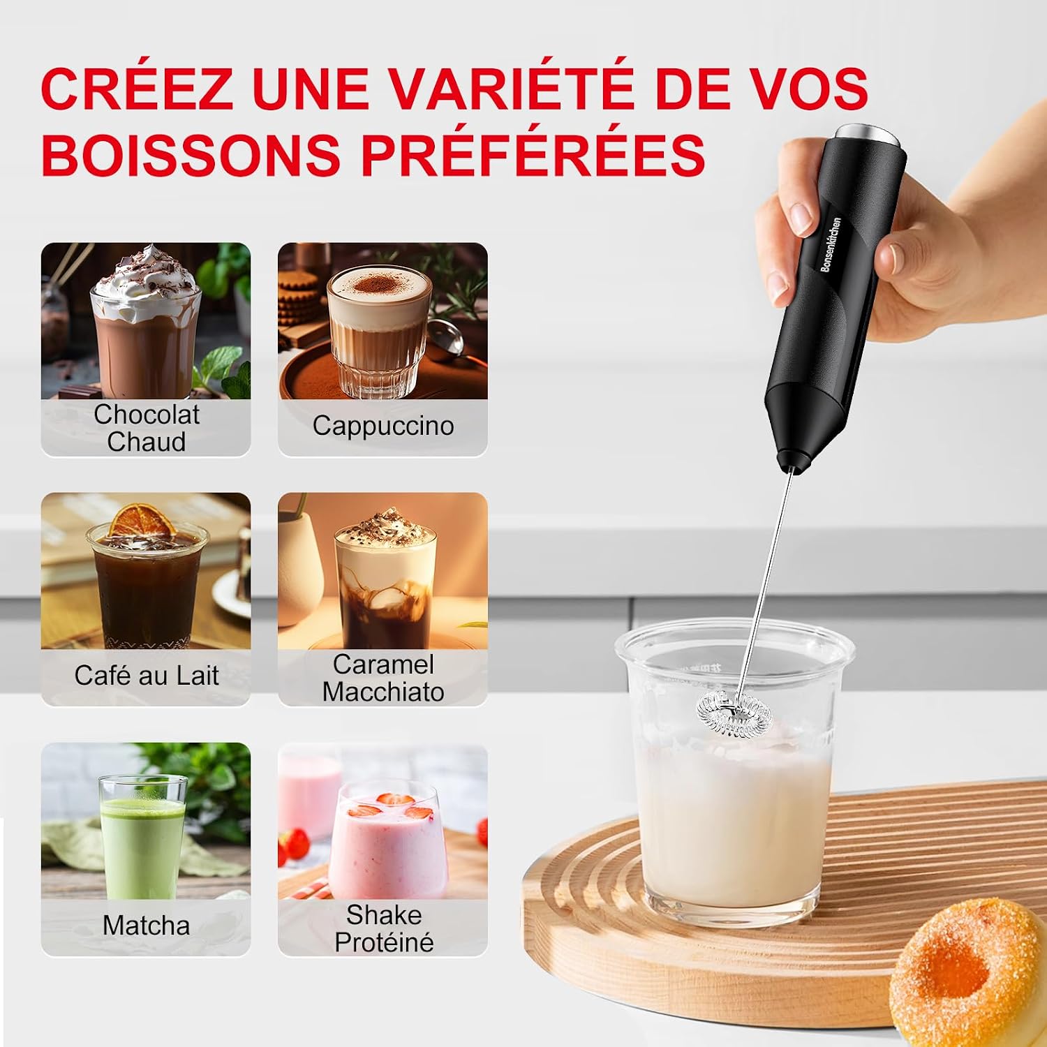 Thumbnail 3 de Bonsenkitchen Mousseur à Lait Électrique en Acier Inoxydable — Portable, 2 piles AA