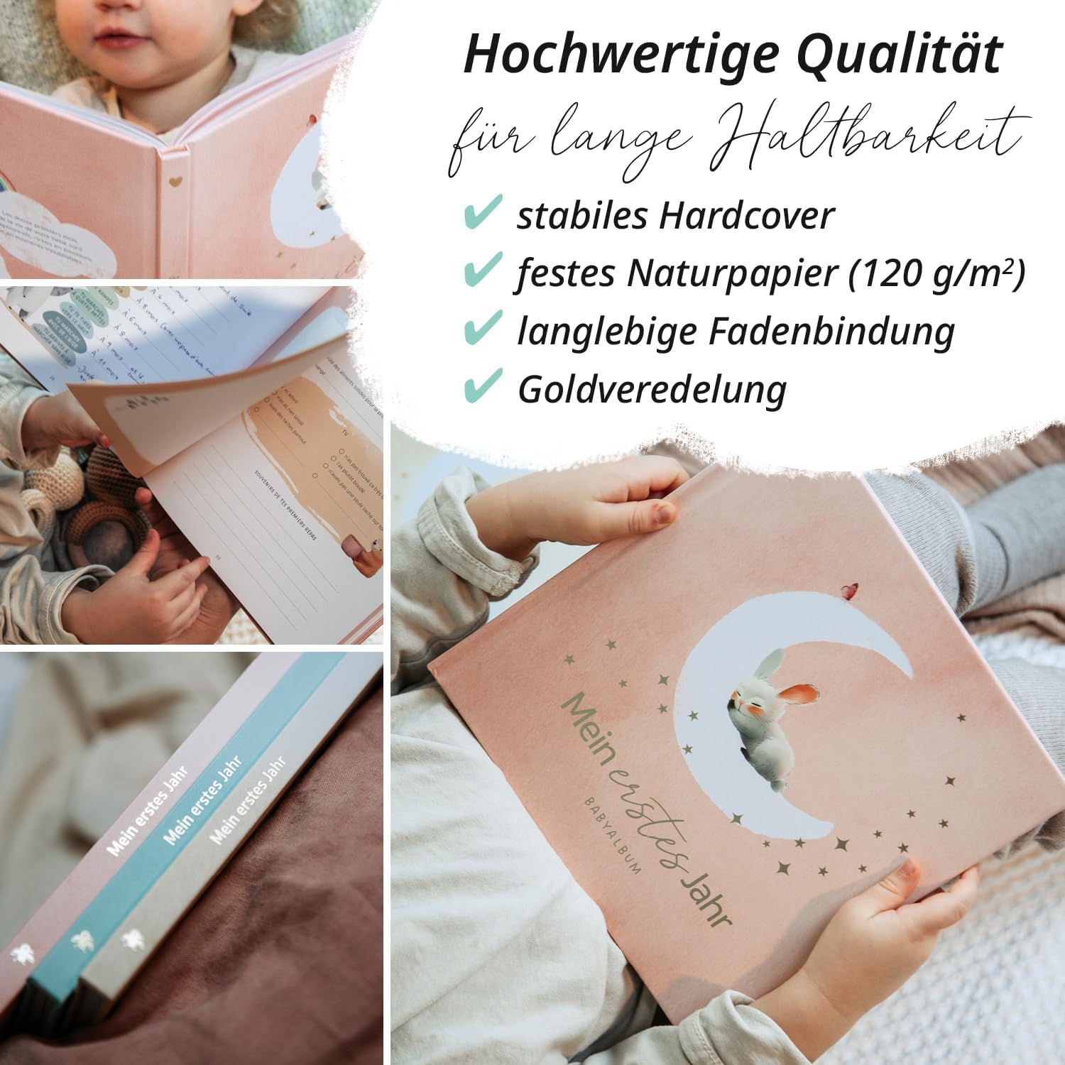 Thumbnail 5 de Mein erstes Jahr Babyalbum von Rabano Art – Erinnerungsbuch mit Goldprägung, Rosa, 80 Seiten