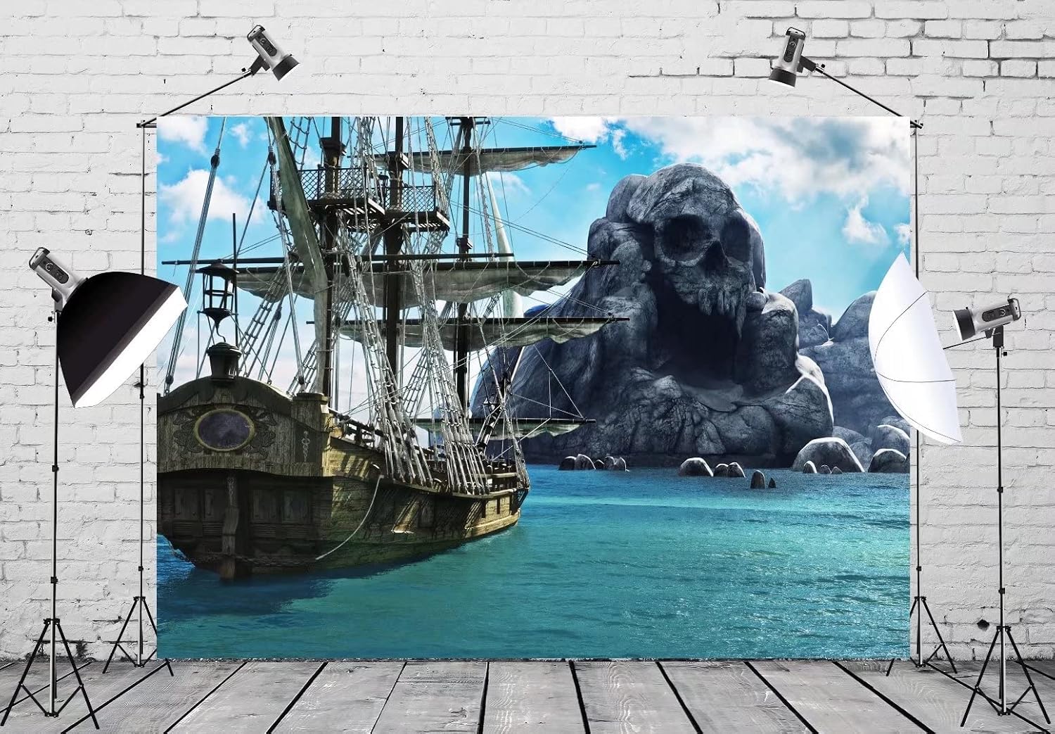 Detalle 2 de BELECO 2.1m x 1.5m pirate skull island fabric backdrop for parties and photos