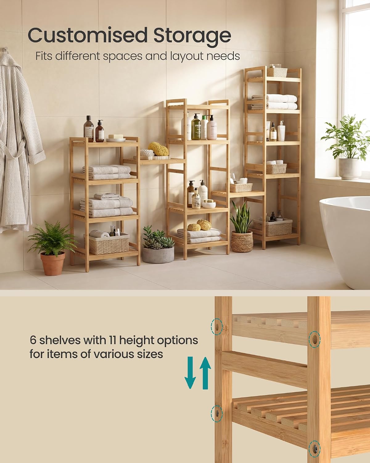 Thumbnail 5 de SONGMICS Bamboo Storage Shelf 6-Tier 30 x 43 x 173 cm – Natural Beige