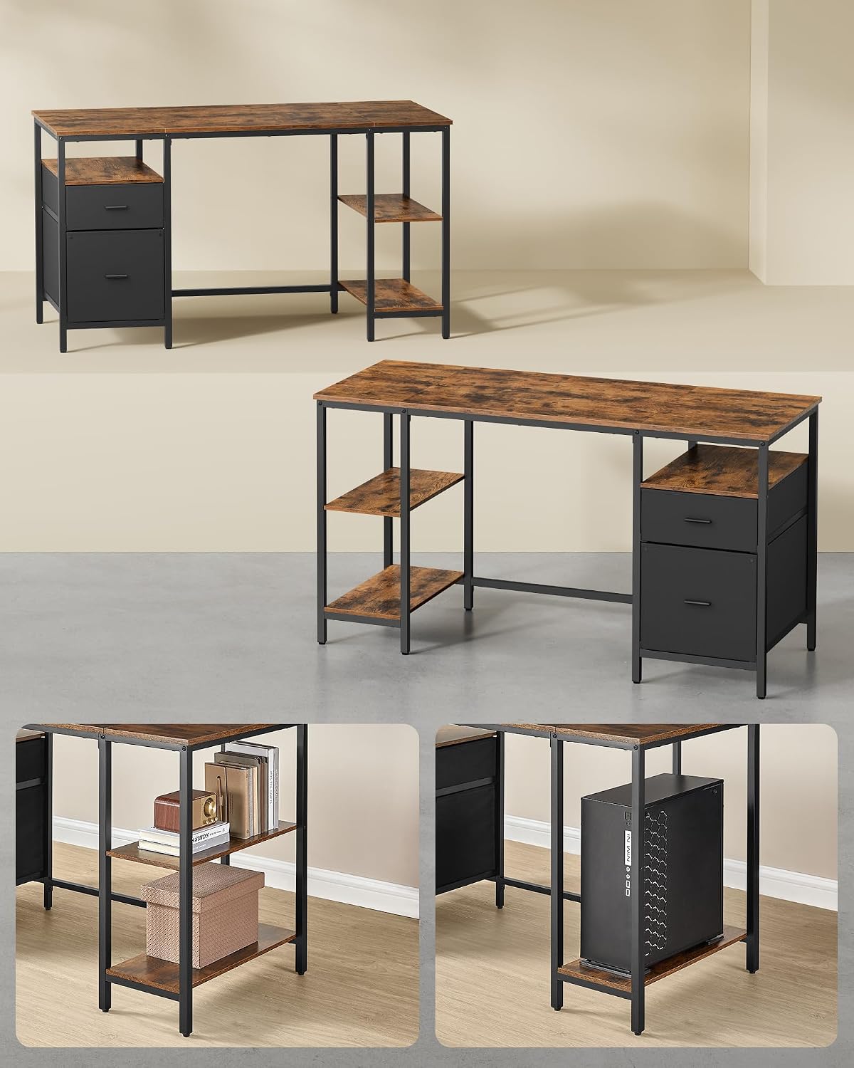 Thumbnail 3 de VASAGLE LWD104B01: Industrial Rustic Computer Desk with 3 Shelves and 2 Drawers, 60 x 140 cm