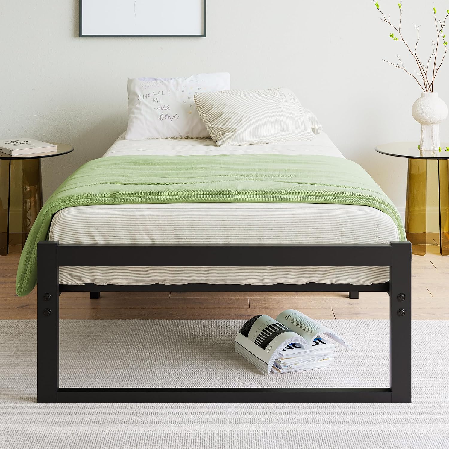 Detalle de VECOCHO Twin Metal Platform Bed Frame, Black Steel Slats, Under-Bed Storage