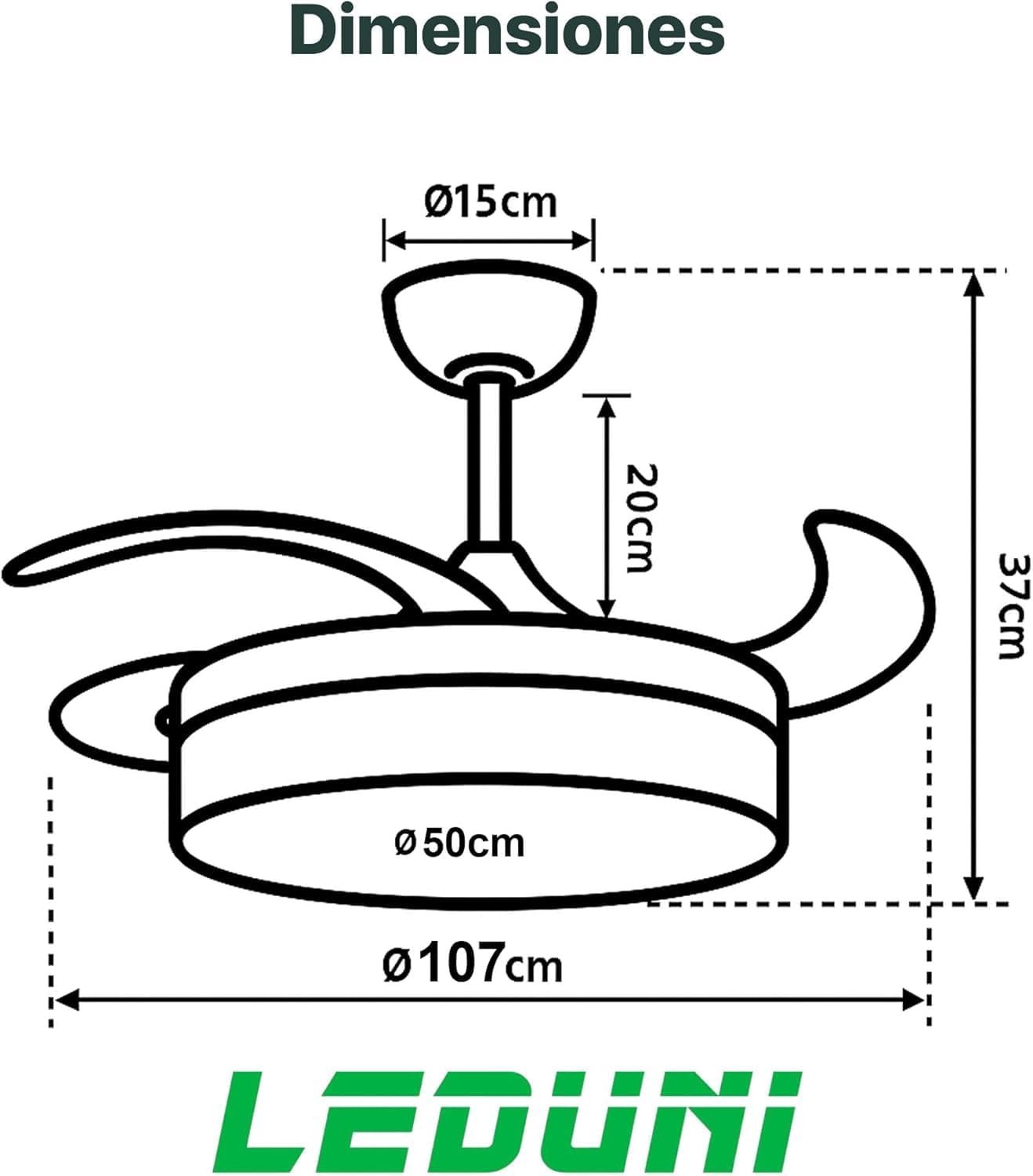 Detalle de Ventilador de techo con luz LEDUNI 50 cm con mando: 3 aspas retráctiles, 6 velocidades y luz regulable RGB/Warm/Cold