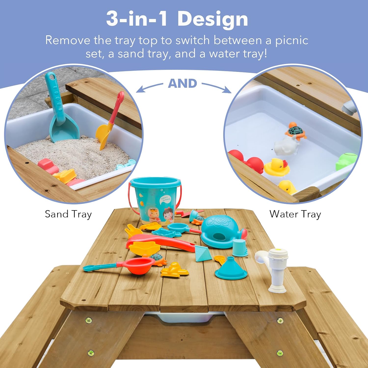 Detalle de K LUCKIDS Kids 3-in-1 Sand & Water Activity Table (Wood Outdoor Convertible Picnic Table)