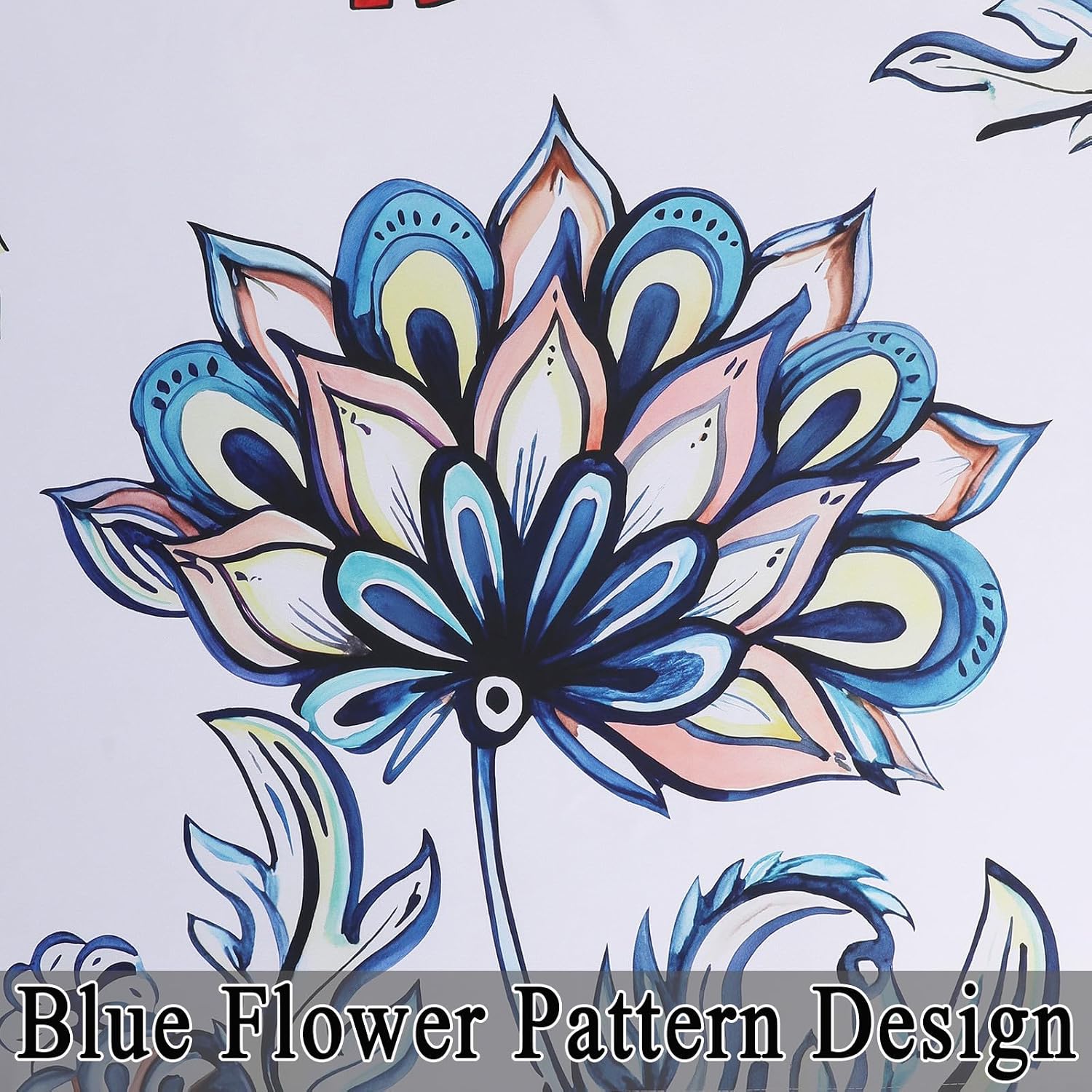 Detalle de VEHEDE Floral Room Darkening Curtains - Boho Blue Flower, 2 Panels, 52 x 84 inches