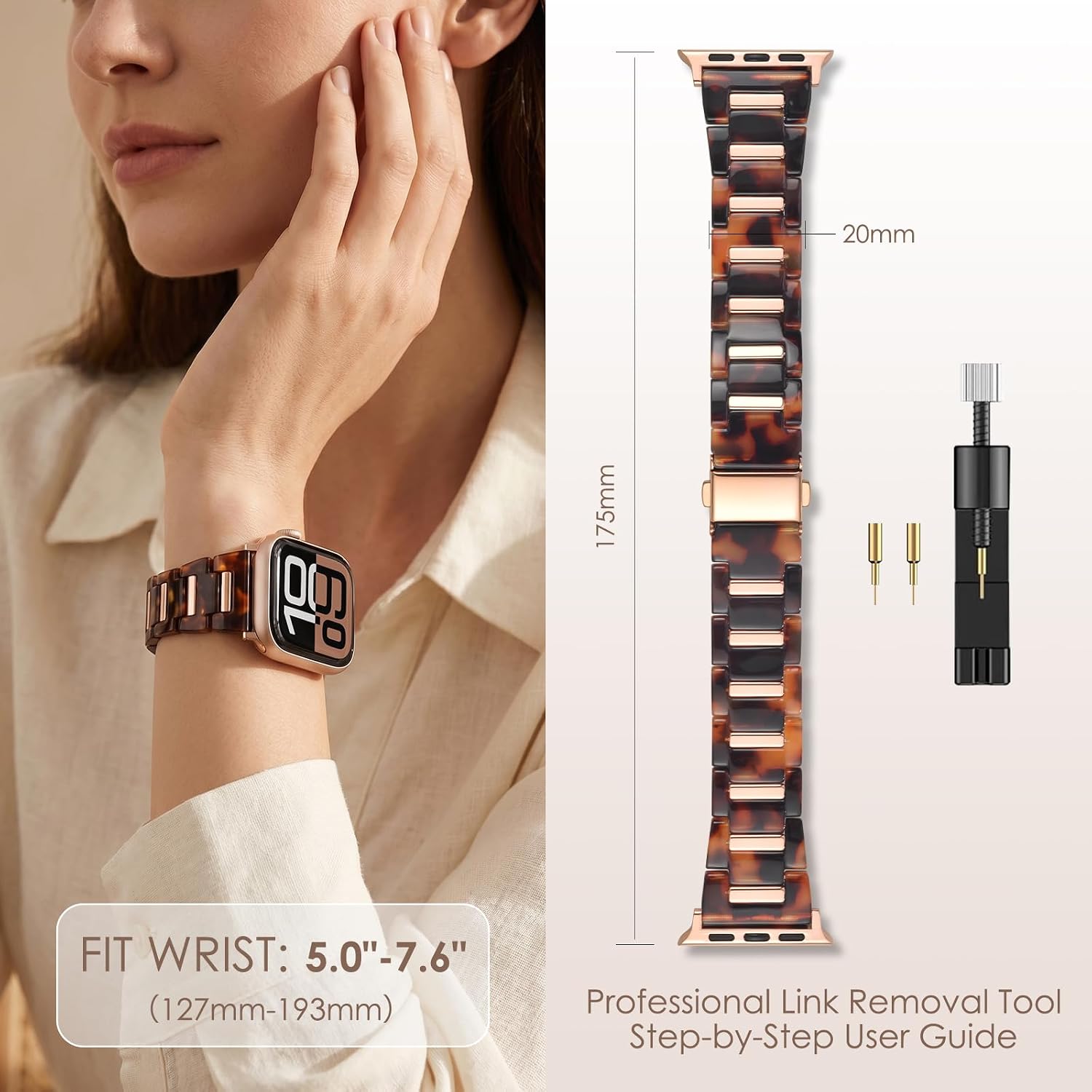 Detalle de V-MORO Resin Band for Apple Watch (42mm/41mm/40mm/38mm) — Rose Gold Inlay, Lightweight Hybrid Band