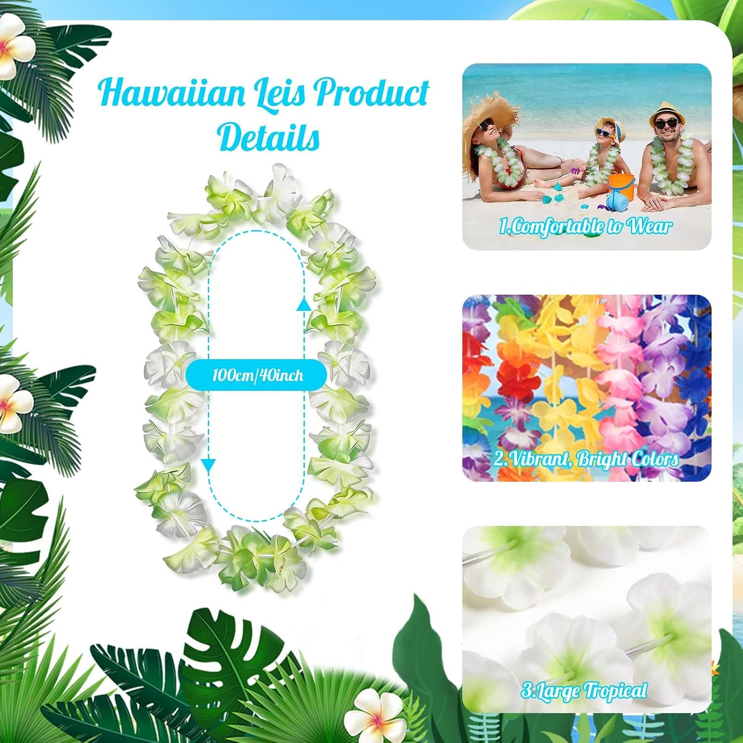 Detalle de Bszatan 100-Piece Hawaiian Flower Garlands — Bulk Leis for Beach Luau & Party Decor