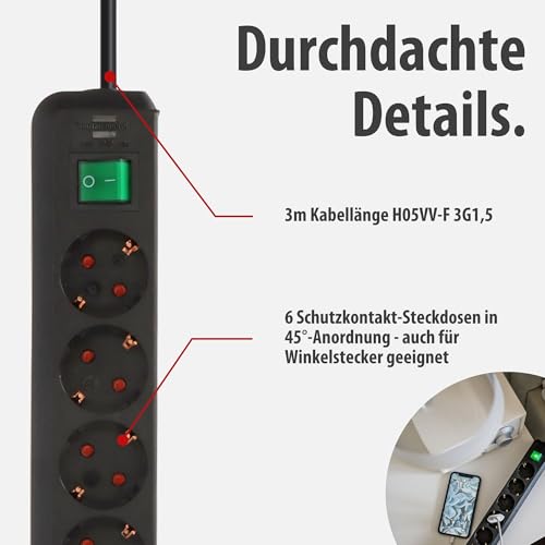 Detalle 2 de Brennenstuhl Eco-Line 6-fach Steckdosenleiste mit 3 m Kabel und beleuchtetem Schalter