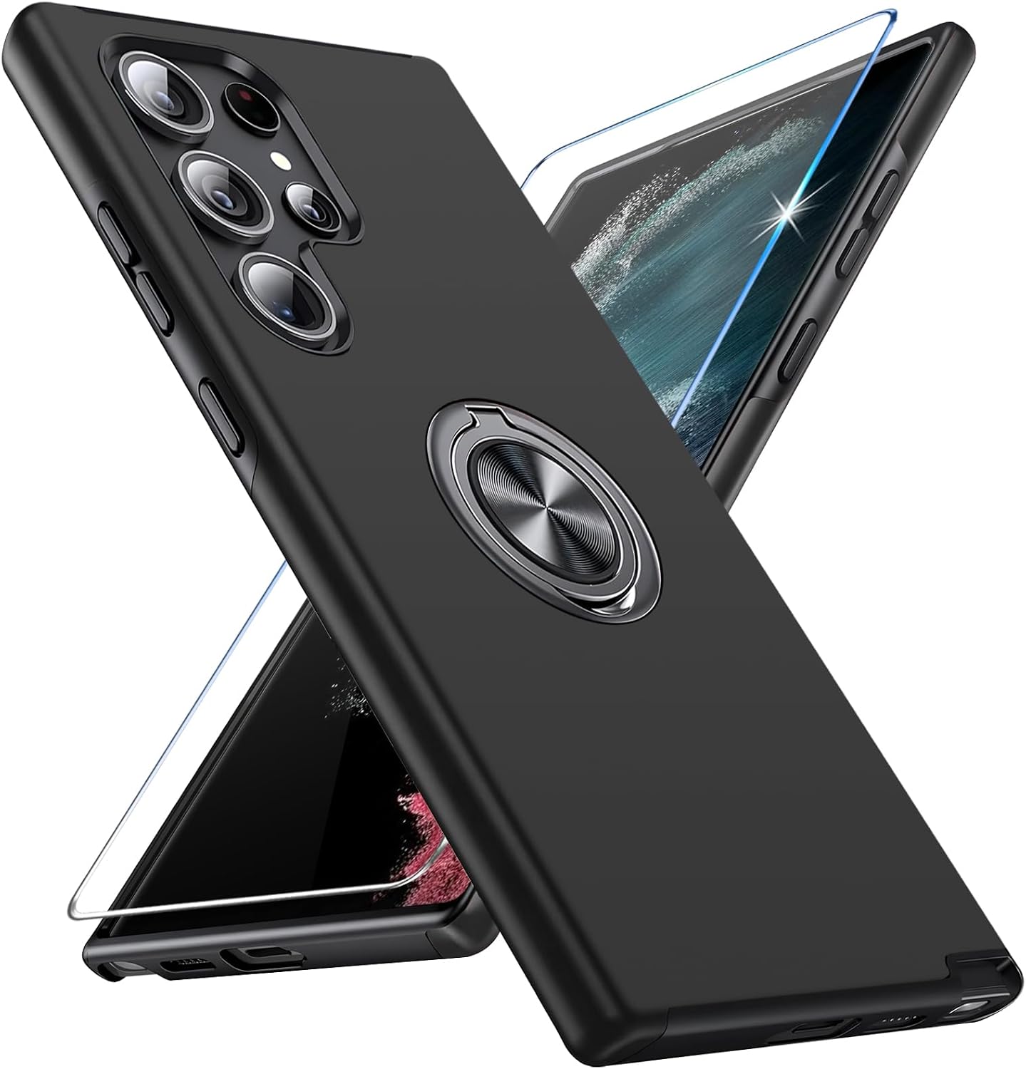 Detalle de Handyhülle für Samsung Galaxy S22 Ultra mit Ringständer, Displayschutzfolie und Stoßfestigkeit – Schwarz