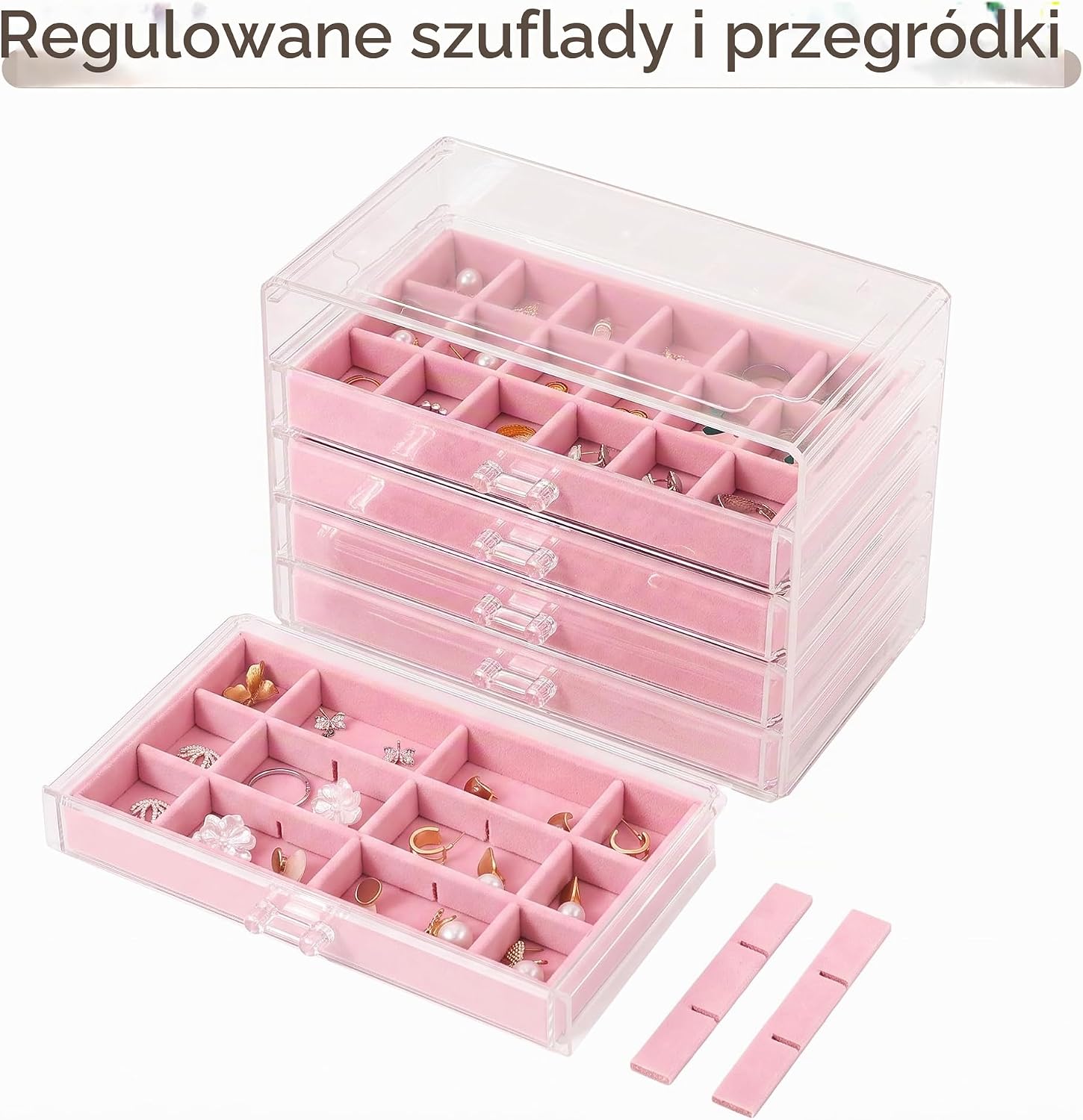 Detalle 1 de Frebeauty akrylowy organizer na biżuterię, 5 szuflad, różowy, aksamitne wkłady
