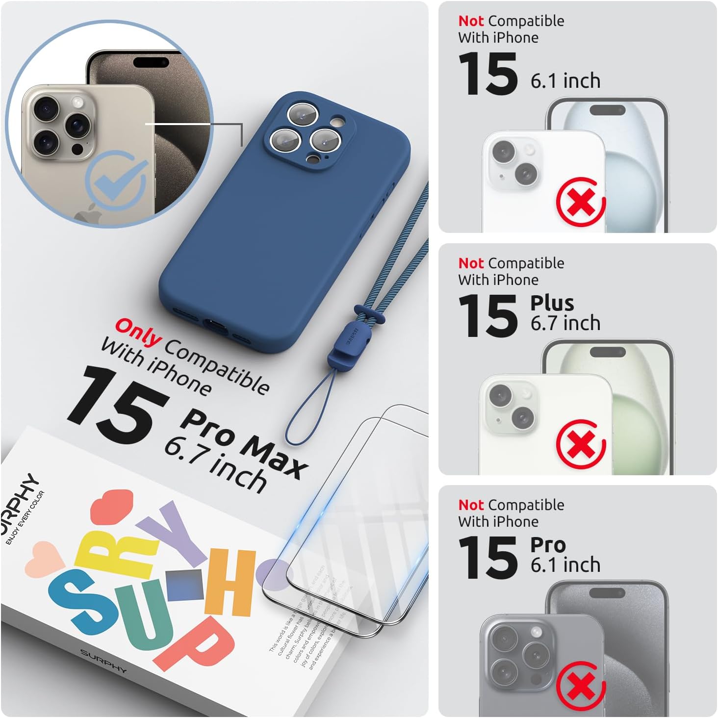 Detalle de SURPHY Design for iPhone 15 Pro Max Case with Screen Protectors & Lanyard (Blue Jay)