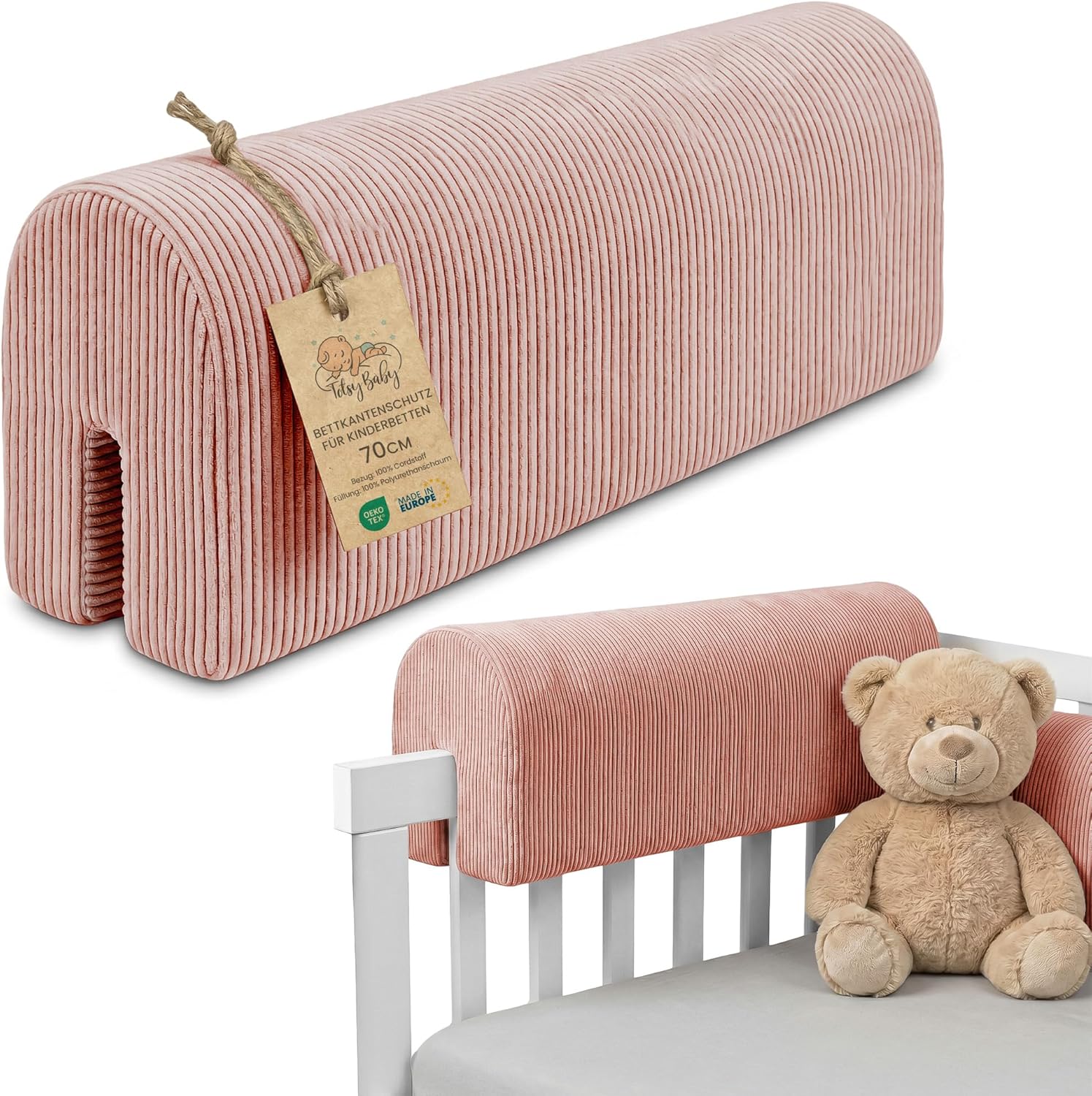 Detalle de Paracolpi Totsy Baby 70 cm per lettino neonato: protezione antisoffoco in velluto rosa