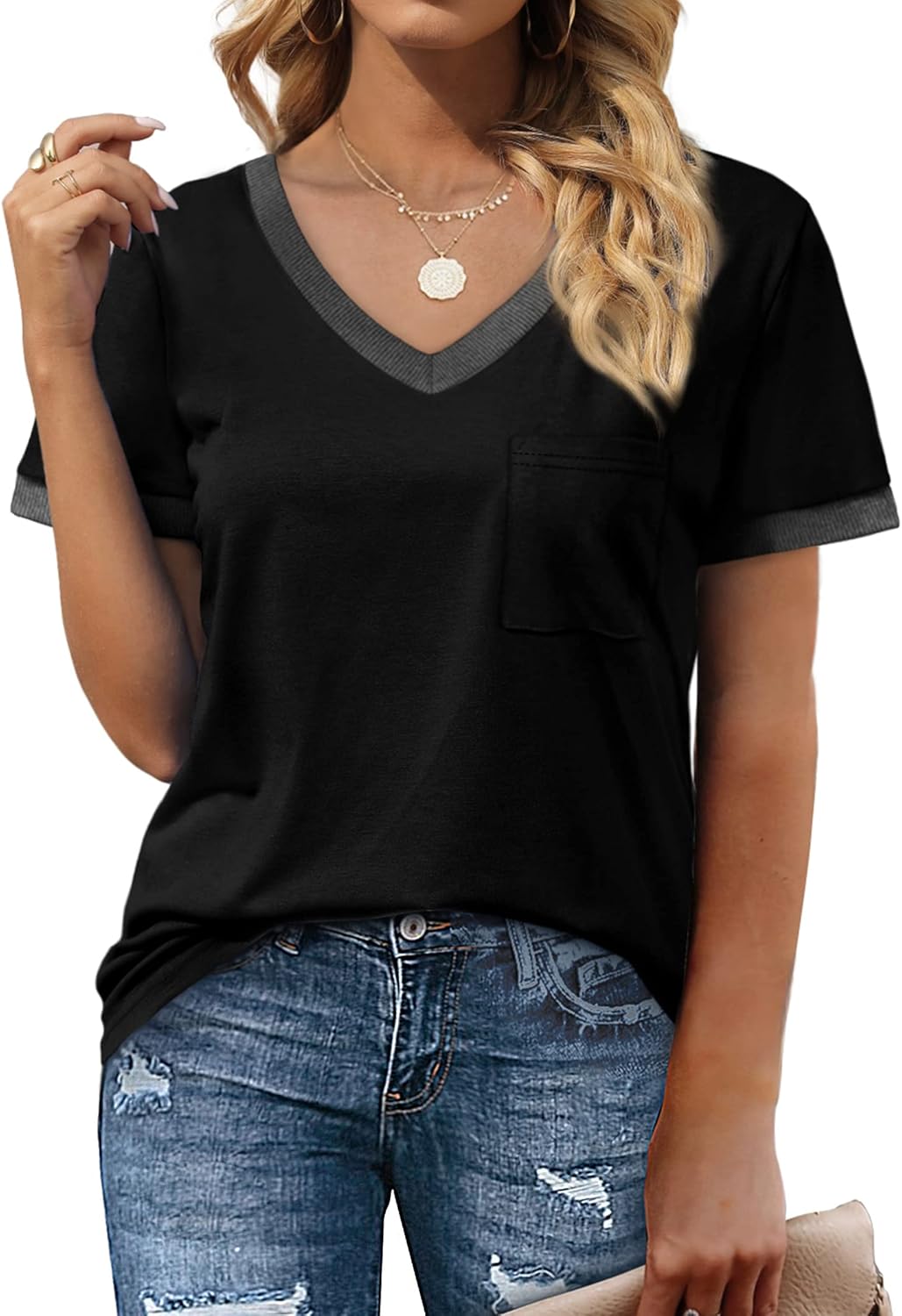 Thumbnail 1 de Geifa Women's Short Sleeve V-Neck Loose Casual Summer Top with Pocket