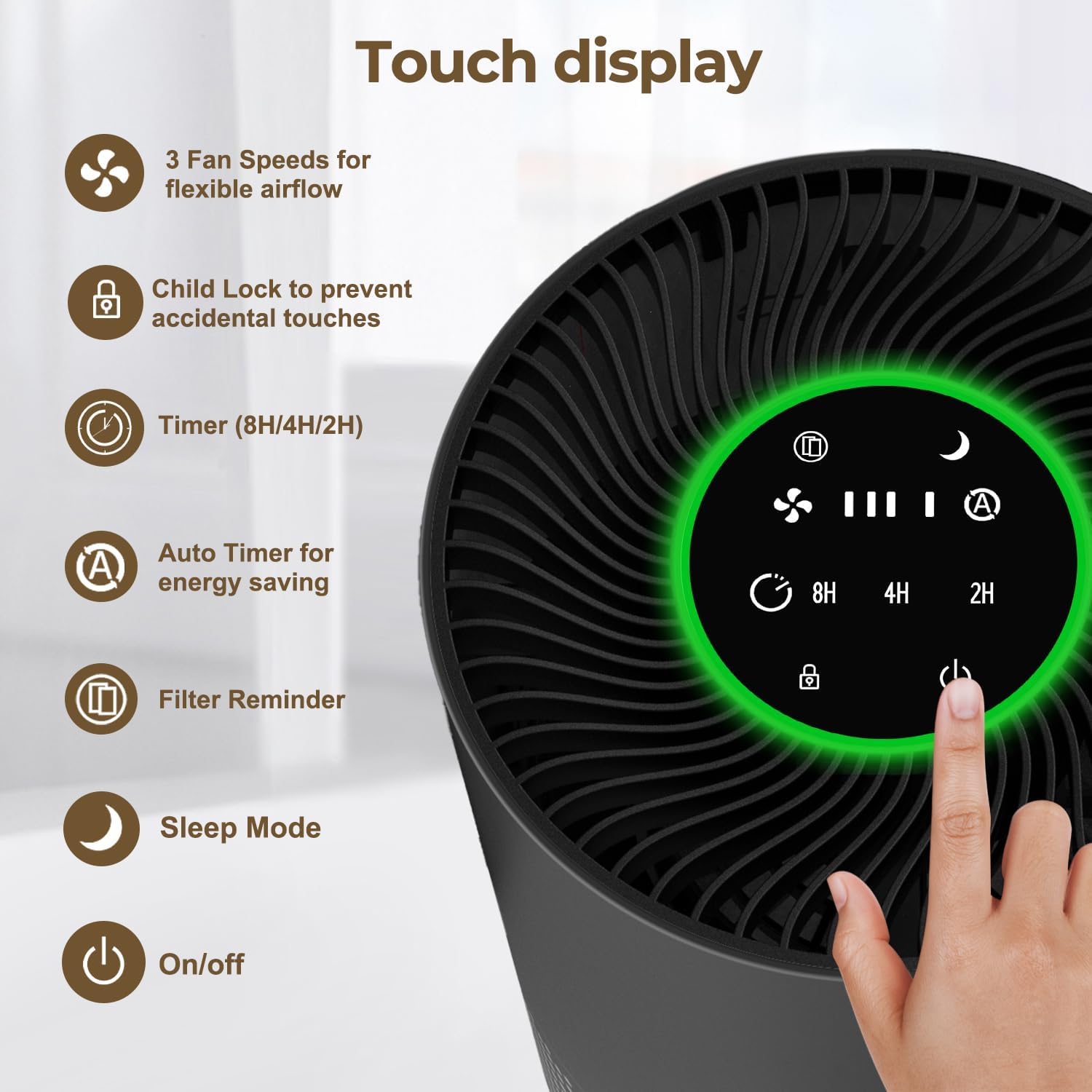 Detalle 2 de Air Purifier for Bedroom and Home by Chuboor PJ01 — 305 m³/h, 5 Speeds, 3 Timers, Quiet Sleep Mode, HEPA