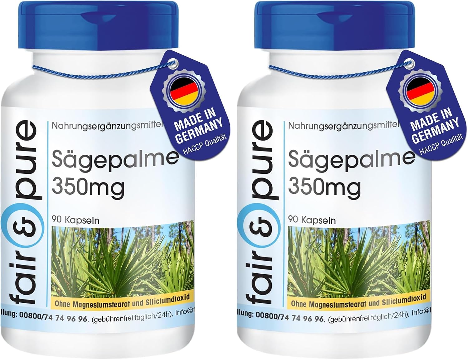 Detalle 1 de Fair & Pure Sägepalme 350mg – 90 Kapseln, schluckfreundlich, vegan, in Deutschland hergestellt