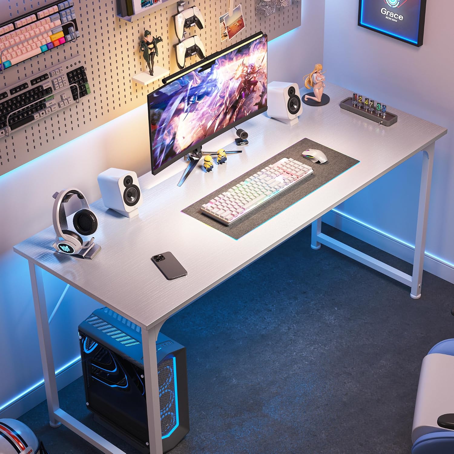 Detalle de Huuger 48-Inch Computer Desk, White, Metal Frame, Reinforced Support