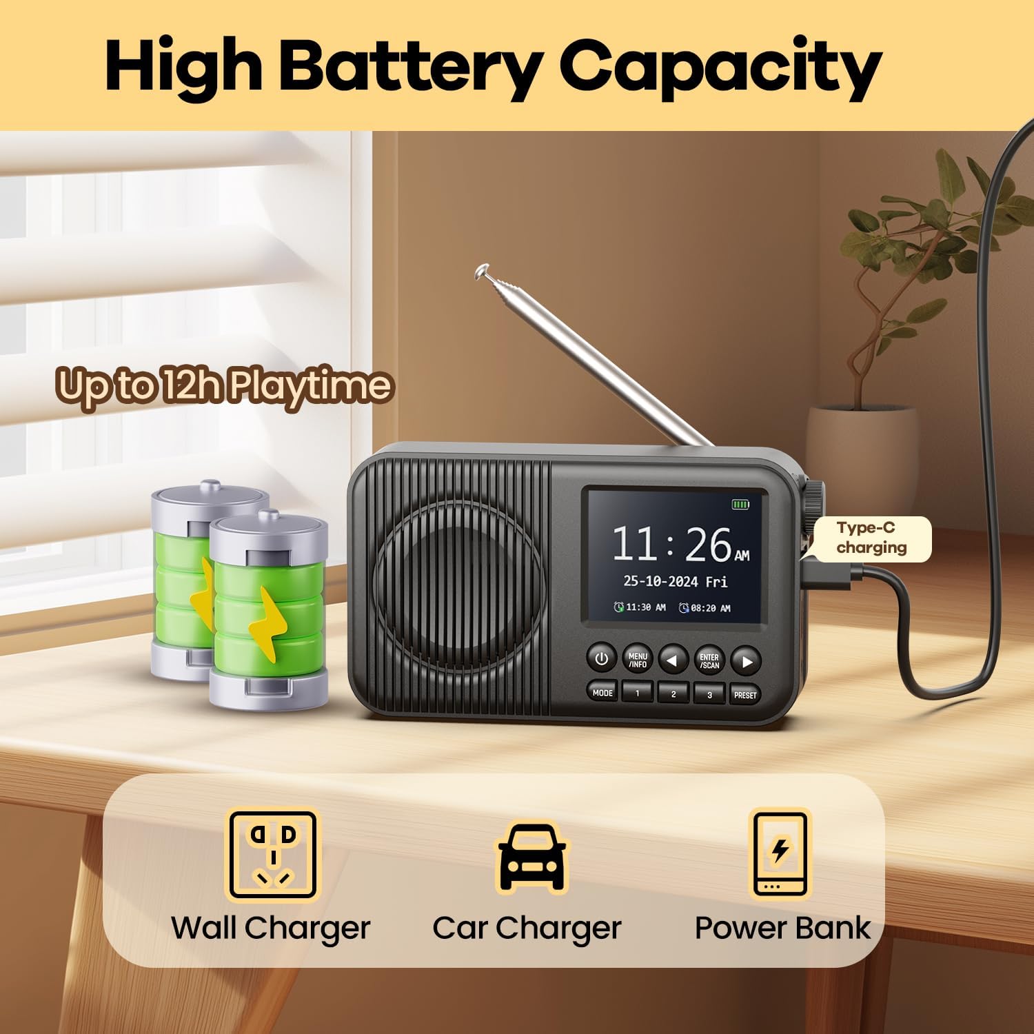 Thumbnail 5 de Arafuna Radio Portatile DAB con schermo LCD da 2,4”, Bluetooth, FM e doppia sveglia
