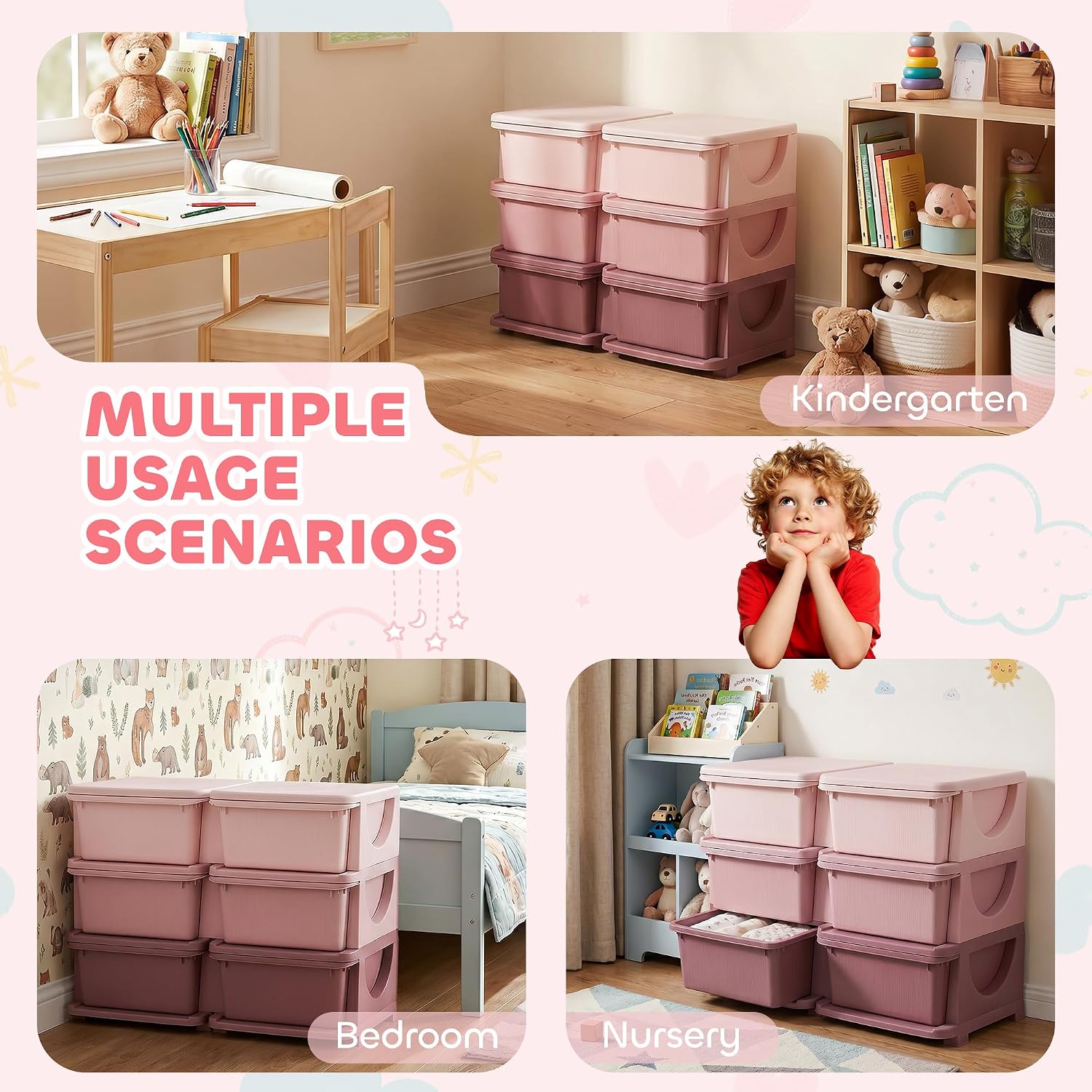 Thumbnail 4 de Qaba 6-Drawer Kids Storage Unit, 3-Tier Pink Toy Organizer