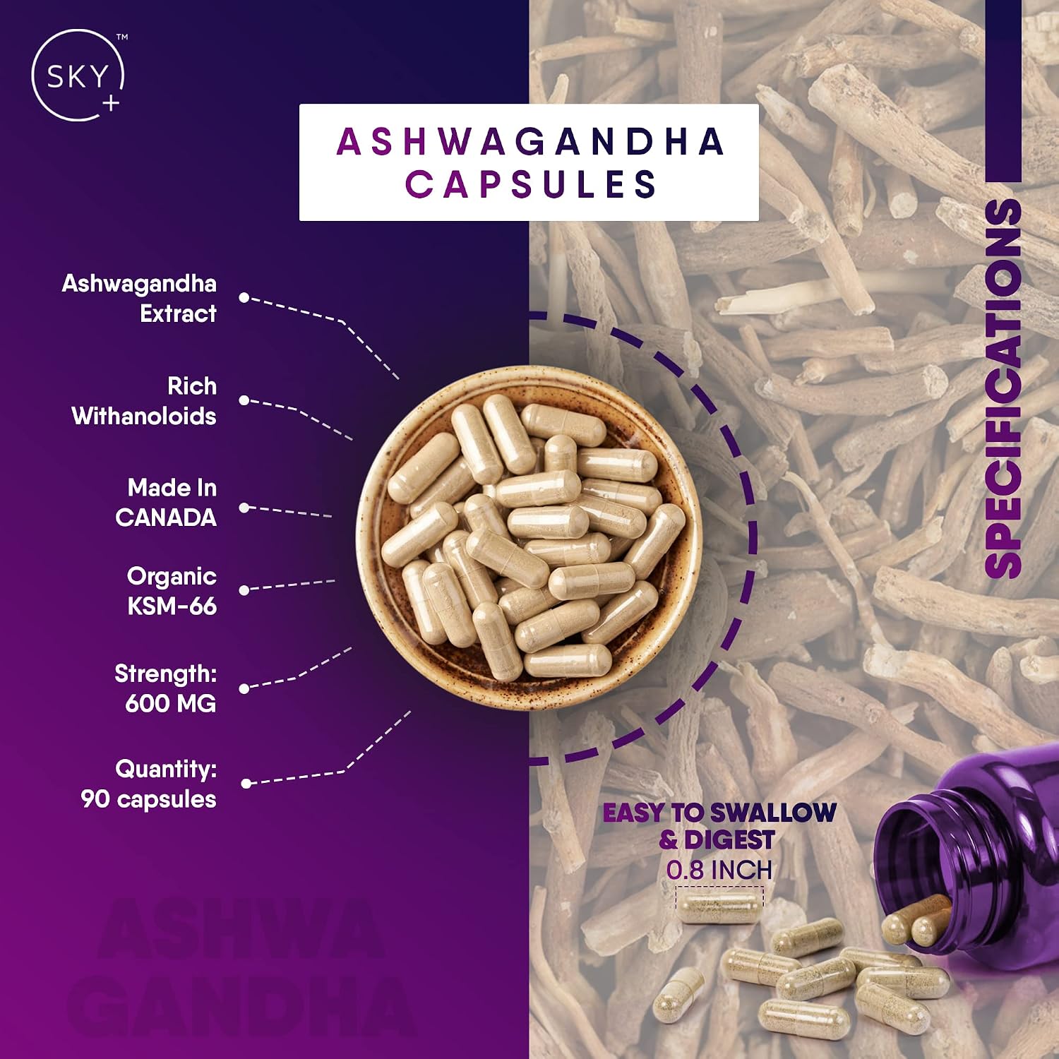 Detalle de Sky Nutritionals KSM-66 Organic Ashwagandha Capsules, 600 mg, 270 Count