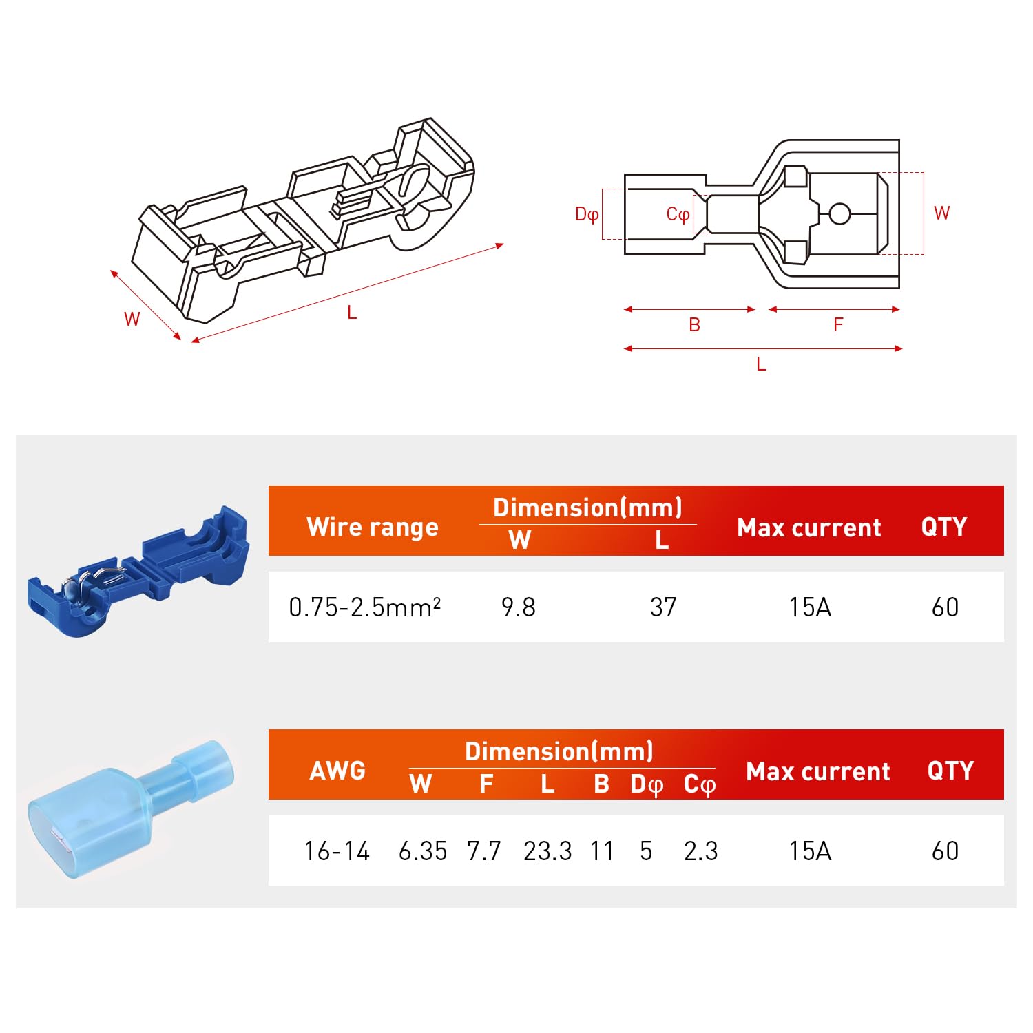 Detalle de Nilight 50132B T-Tap Wire Terminals, Blue 16–14 AWG, 120-Piece Kit