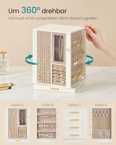Detalle de SONGMICS Schmuckkästchen JBC211WD01, 360° drehbar, 4 Schubladen, cremeweiß