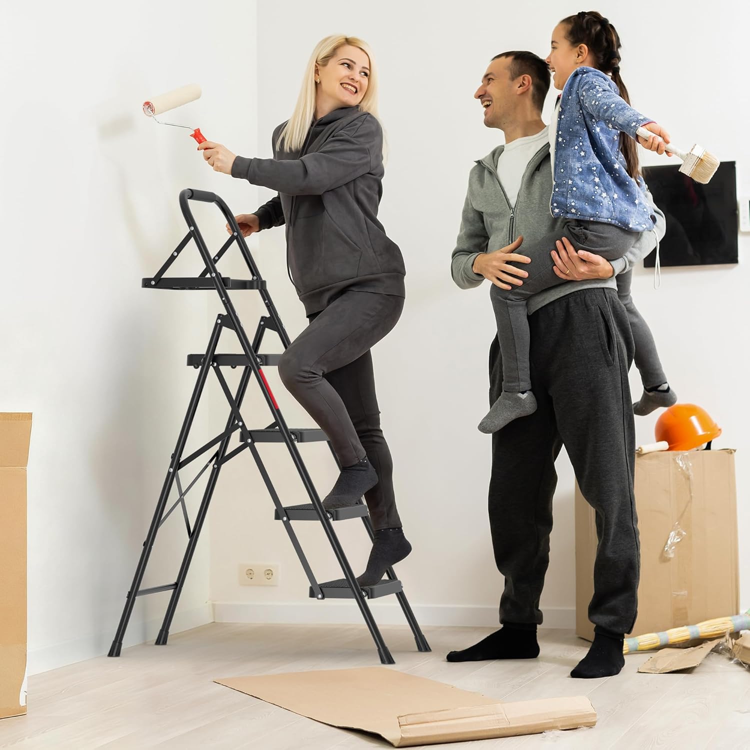 Thumbnail 1 de BONTEC Klapp-Trittleiter mit 4 Stufen (bis 150 kg), rutschfeste Pedale & Werkzeugablage – faltbarer Stahl-Tritthocker