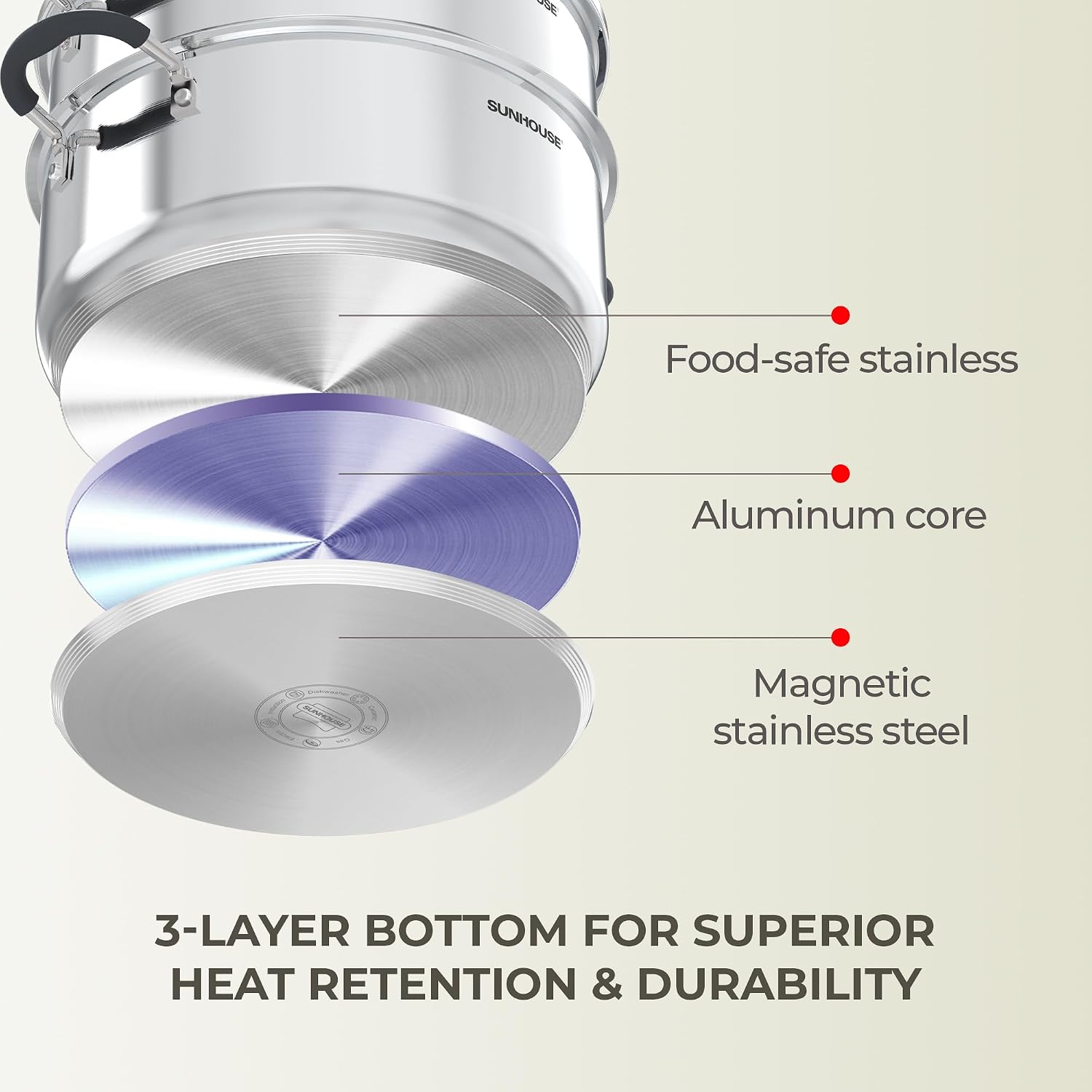 Detalle 2 de SUNHOUSE 3.1 Qt Stainless Steel Steamer Pot with 2-Tier Basket and Glass Lid