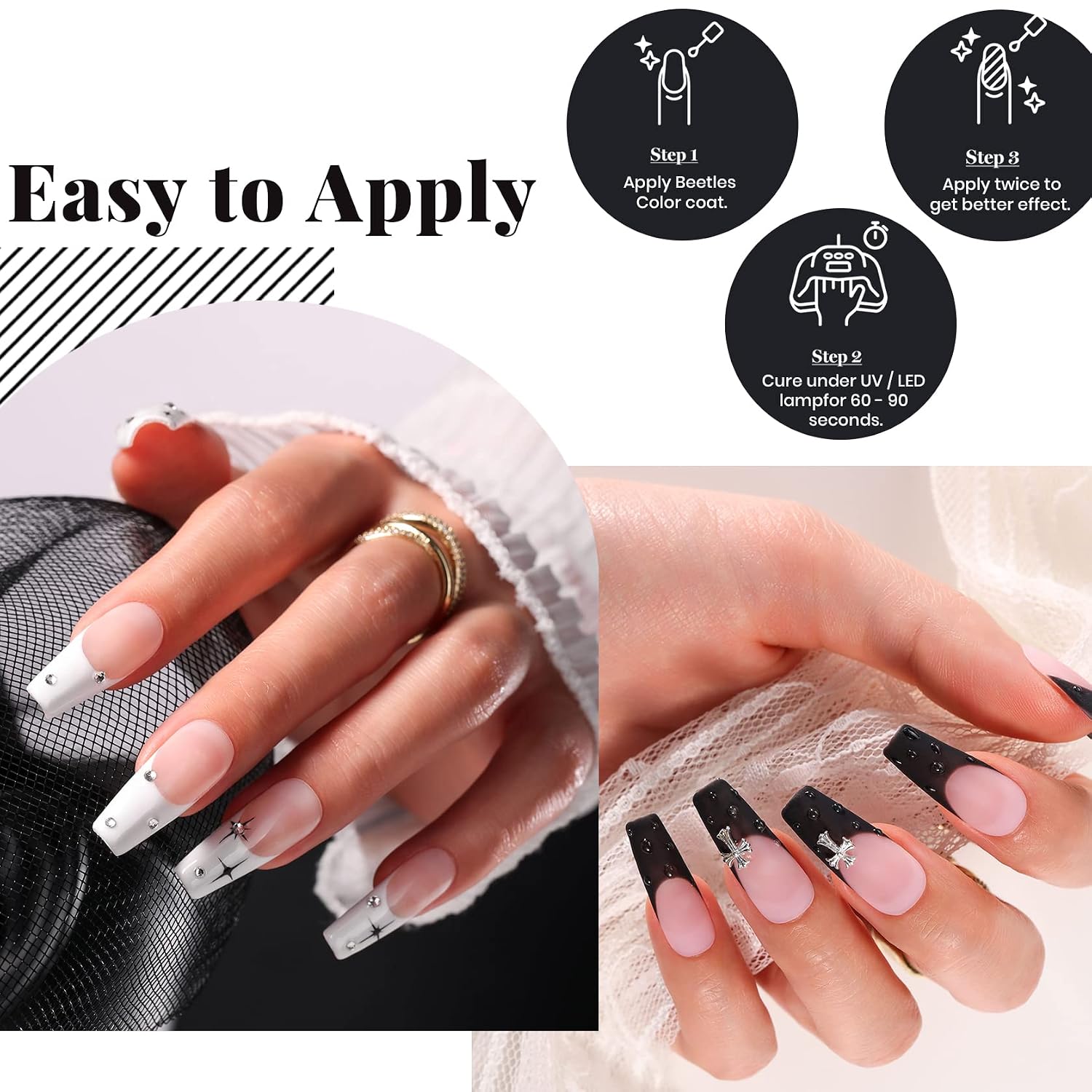 Detalle de Beetles Black White Gel Polish Set (2 Pack, 15ml) for French Nails & DIY LED Manicures