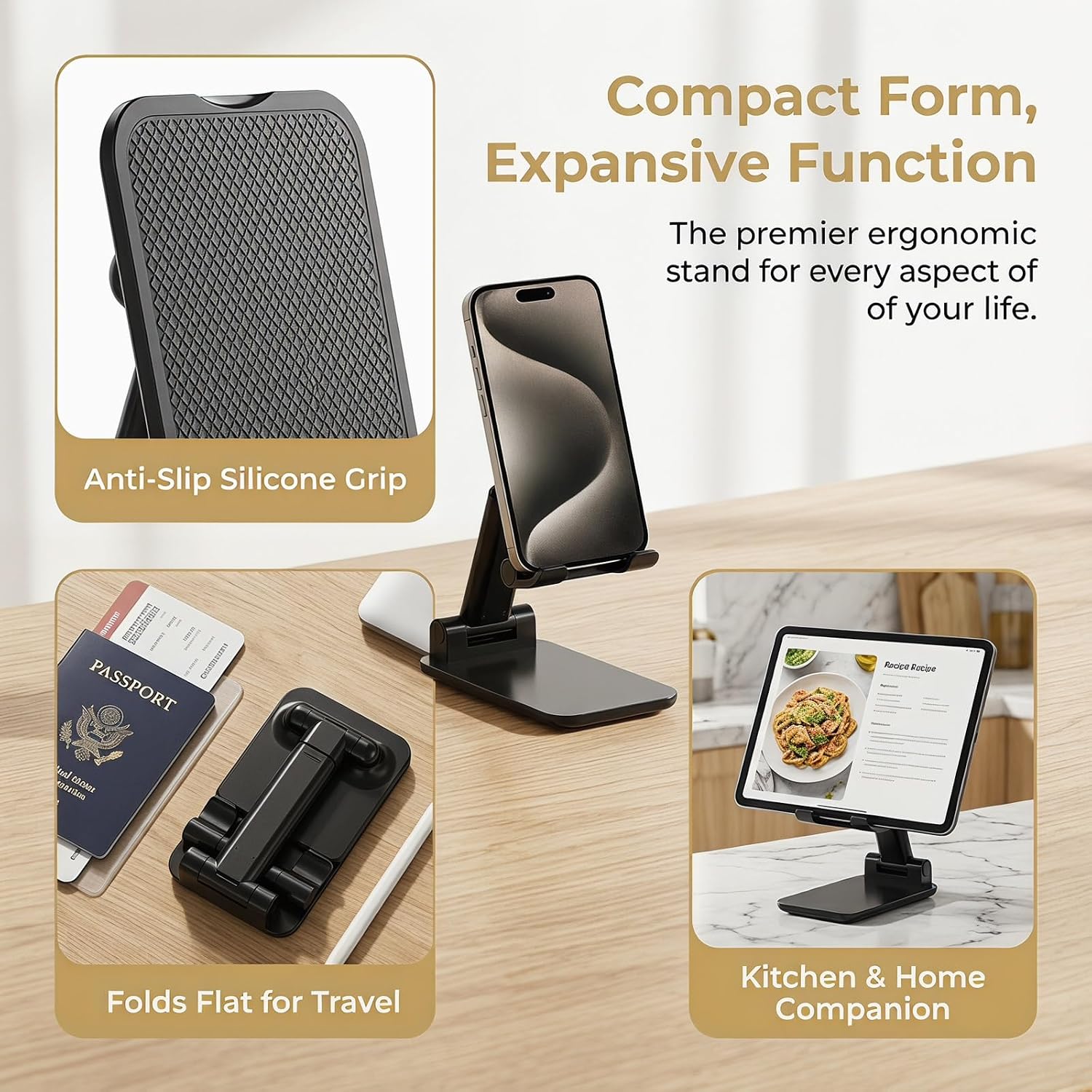 Detalle de OGMAPLE MT-10 Foldable Phone Stand, Adjustable Black Desk Holder