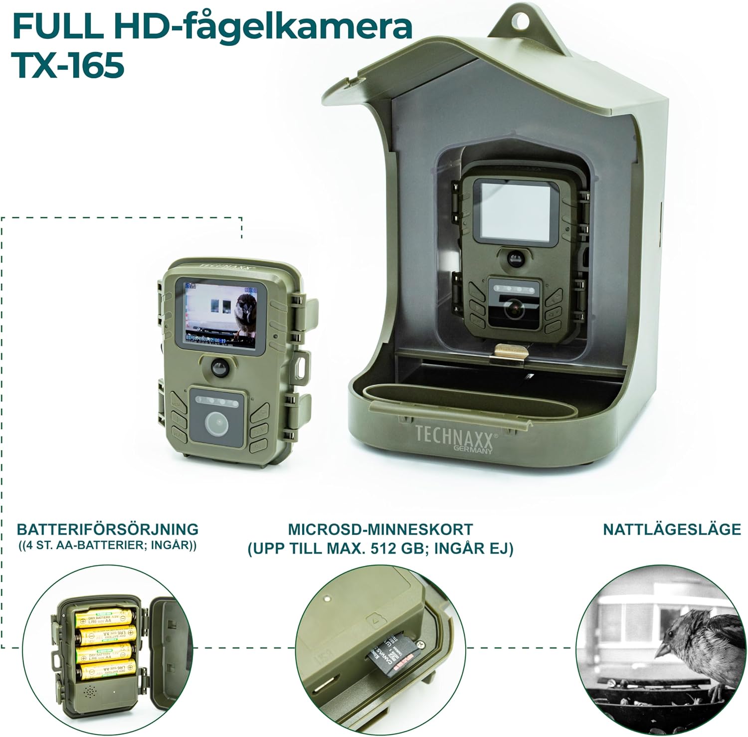 Detalle de Technaxx TX-165 fågelmatare med Full HD-kamera, 100° vidvinkel och nattsyn