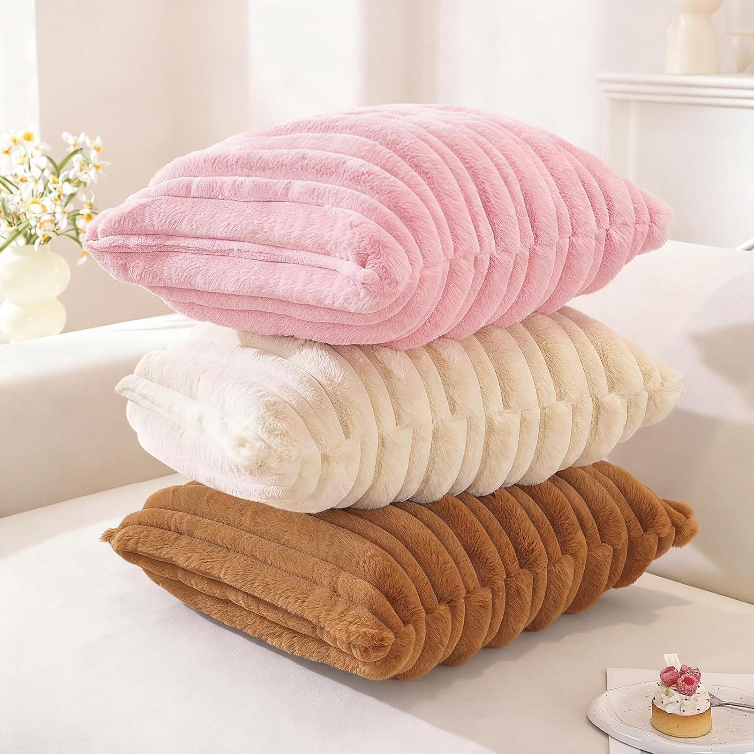 Detalle 2 de YSTELLAA Lot de 2 Housses de Coussin Velours 40x40 cm – Double face, rayures, blanc