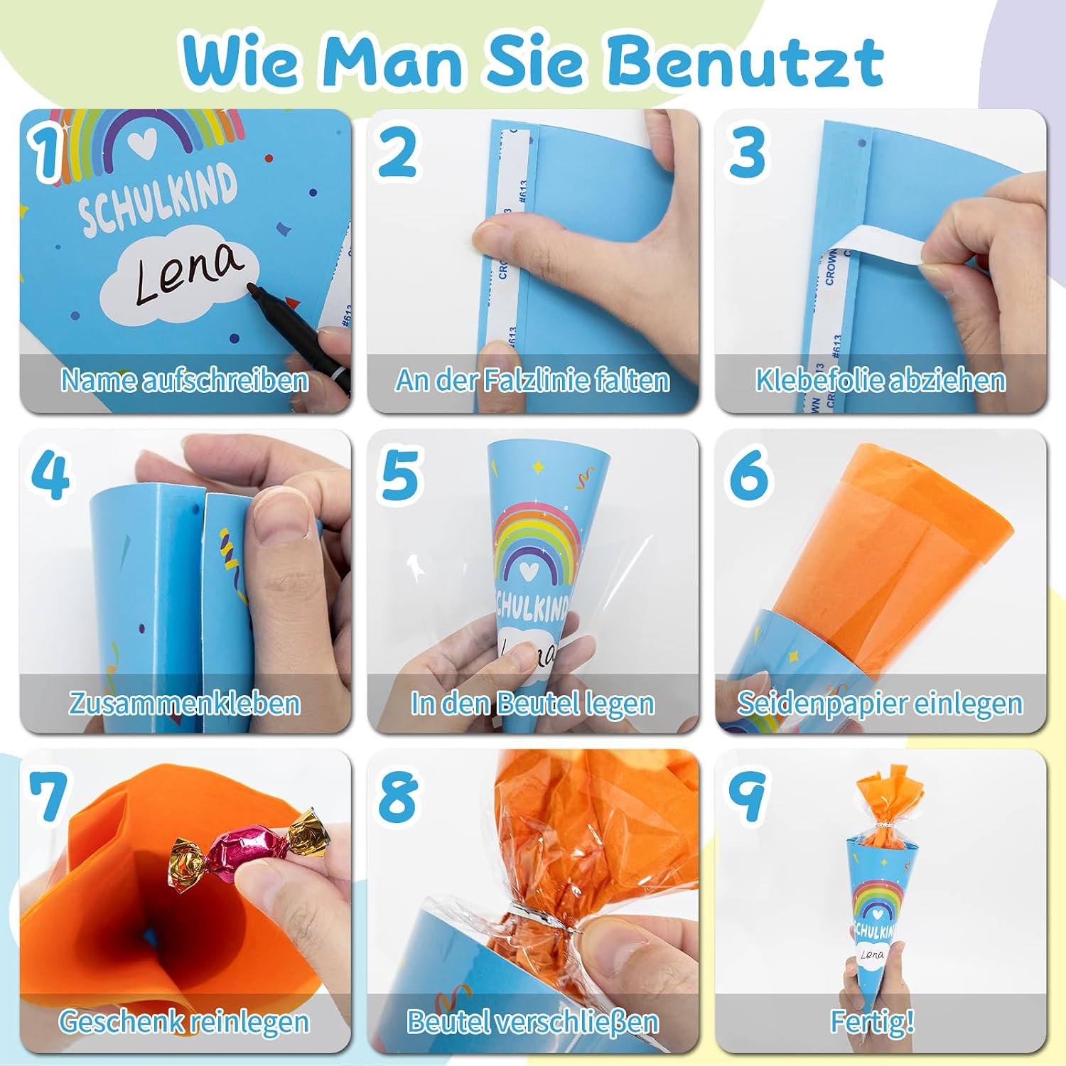 Detalle de WAMIOKAGRO 10er-Set Kleine Schultüten – Mutkarten & Bastelset für Einschulung
