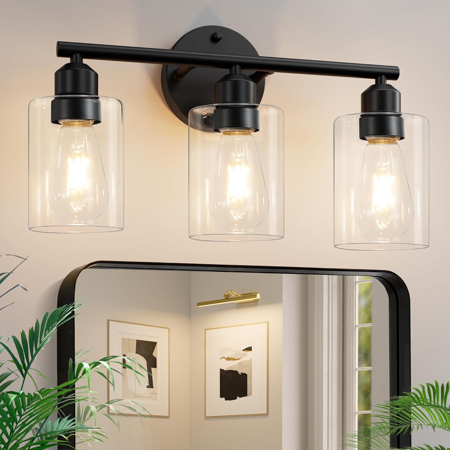 Detalle de Percantis WL1-01 3-Light Bathroom Vanity Light, Black Metal, Clear Glass Shades