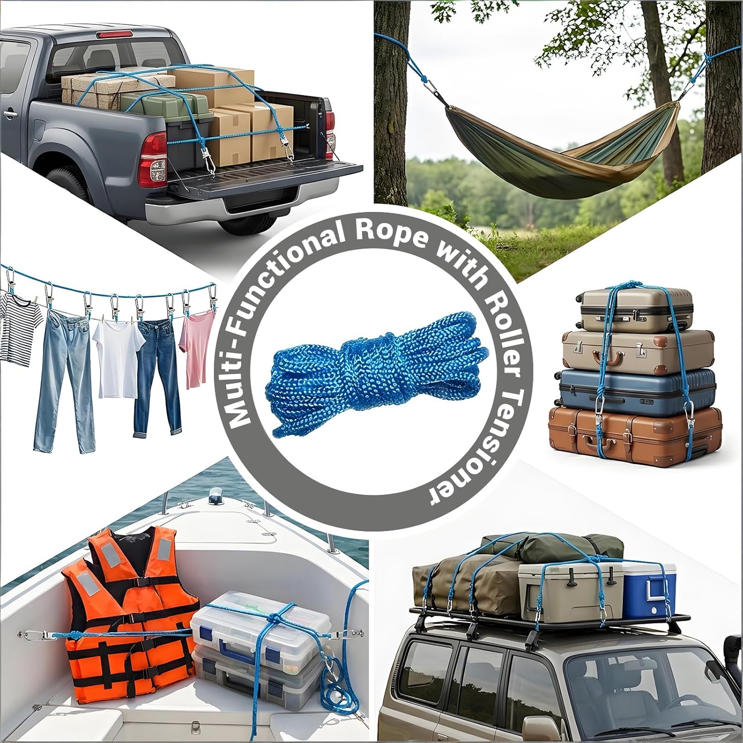 Thumbnail 3 de 6-Pack Retractable Rope Tie-Downs with Roller Tensioner (Nylon Blend) for Camping, Boating & Home Storage
