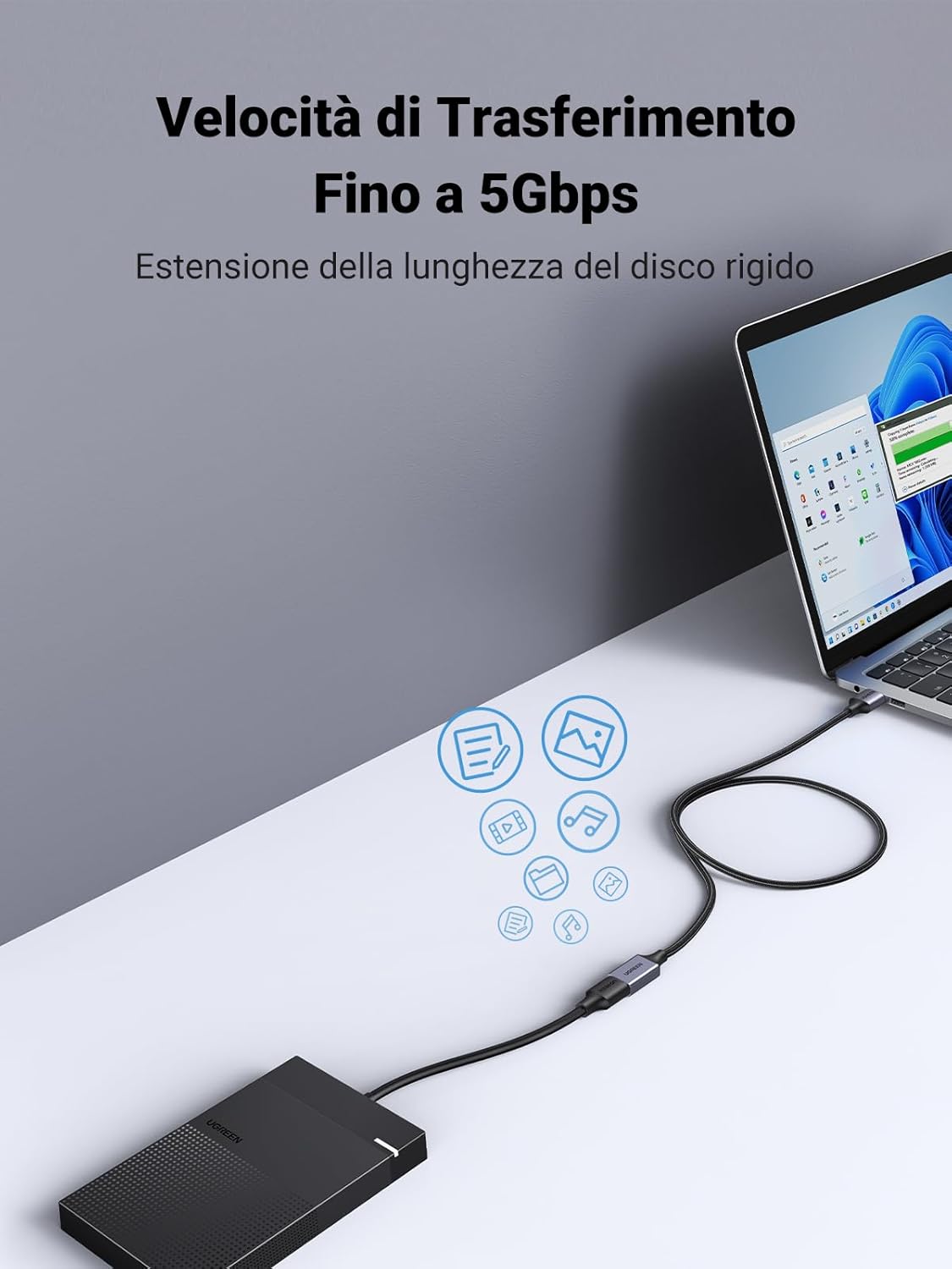 Detalle de UGREEN Cavo Prolunga USB 3.0 Nylon 2 Pezzi da 1 m – Estensione affidabile per PC, HDD, Stampante e Periferiche
