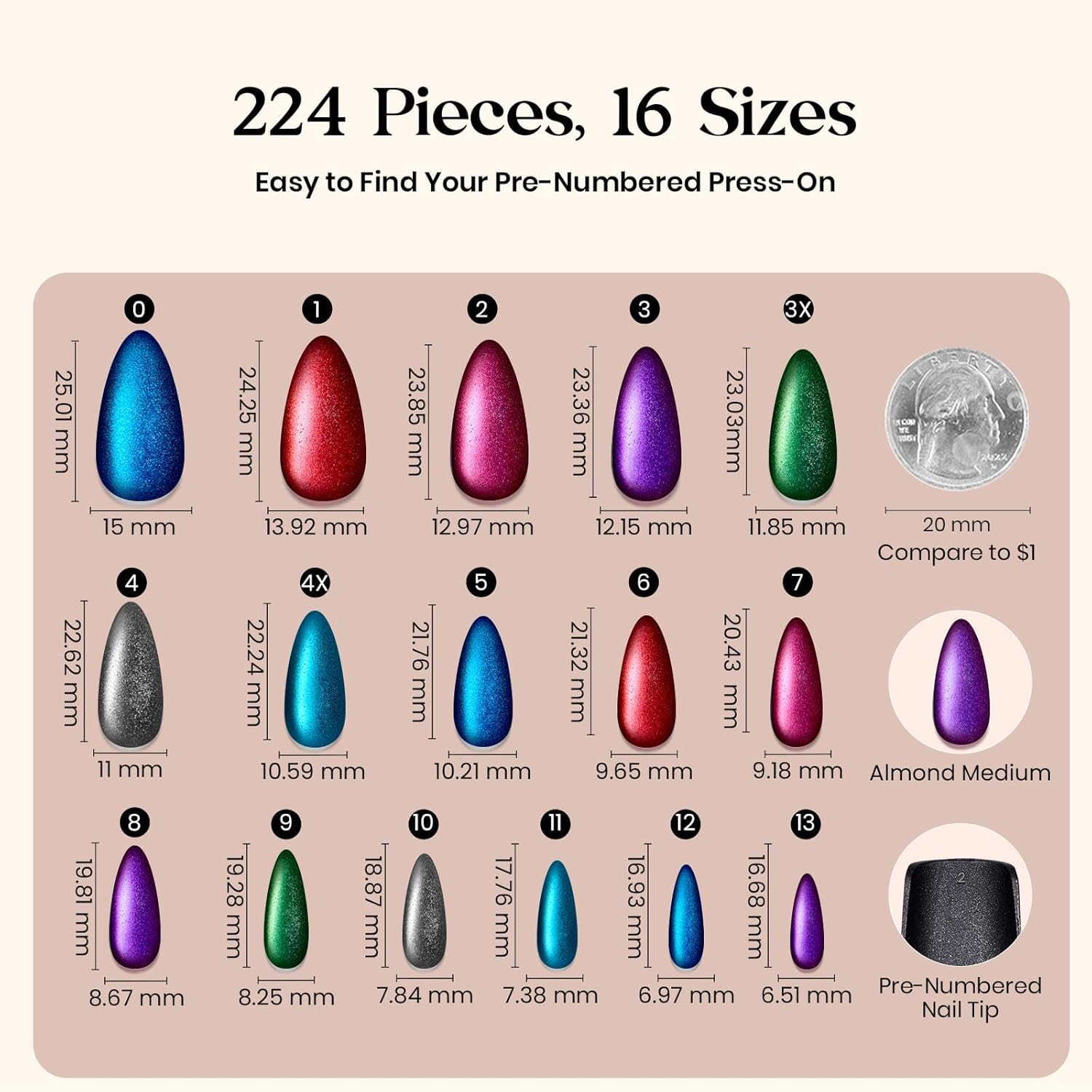 Detalle 2 de Beetles Enchanted Aurora Cat Eye Press On Nails (Gel Polish) — Medium Almond, 7 Colors, 16 Sizes, 224 Pieces