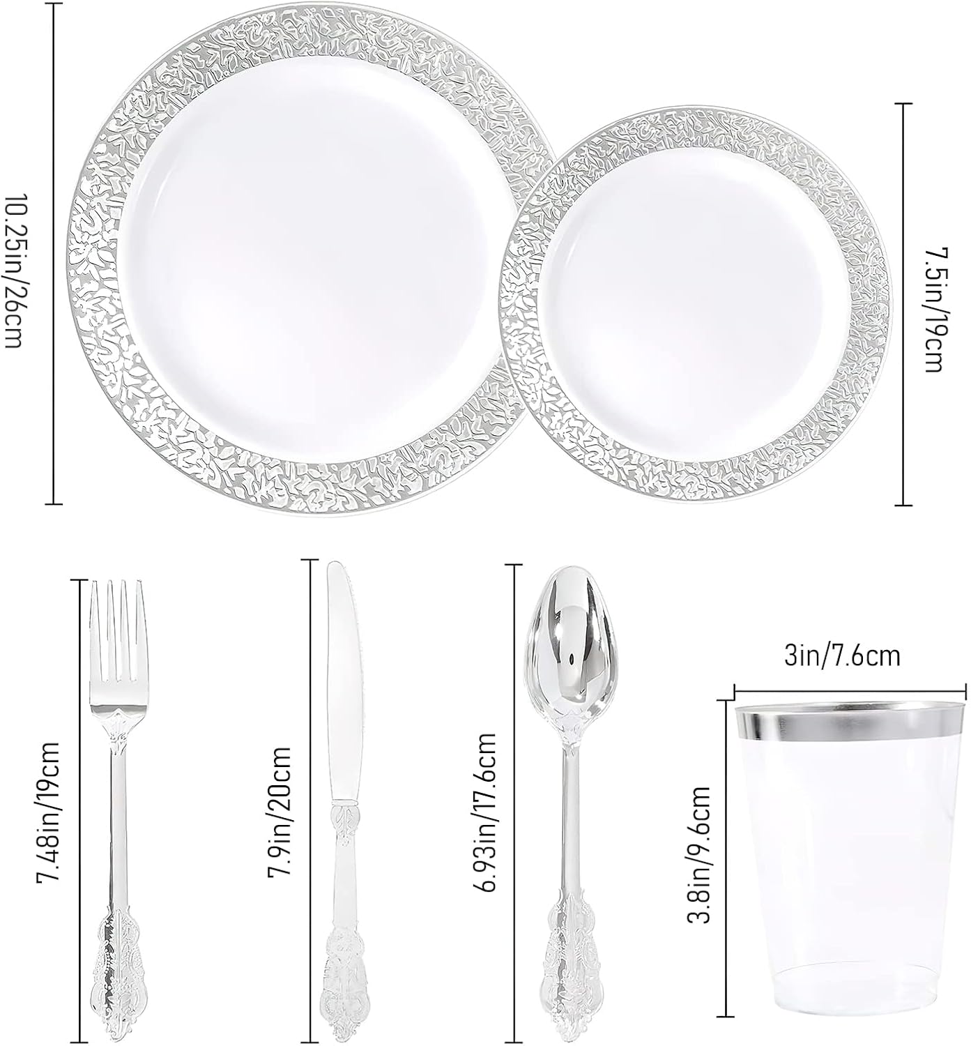 Detalle de Mdtrade WT-00366 150-Piece Silver Plastic Dinnerware Set, BPA-Free