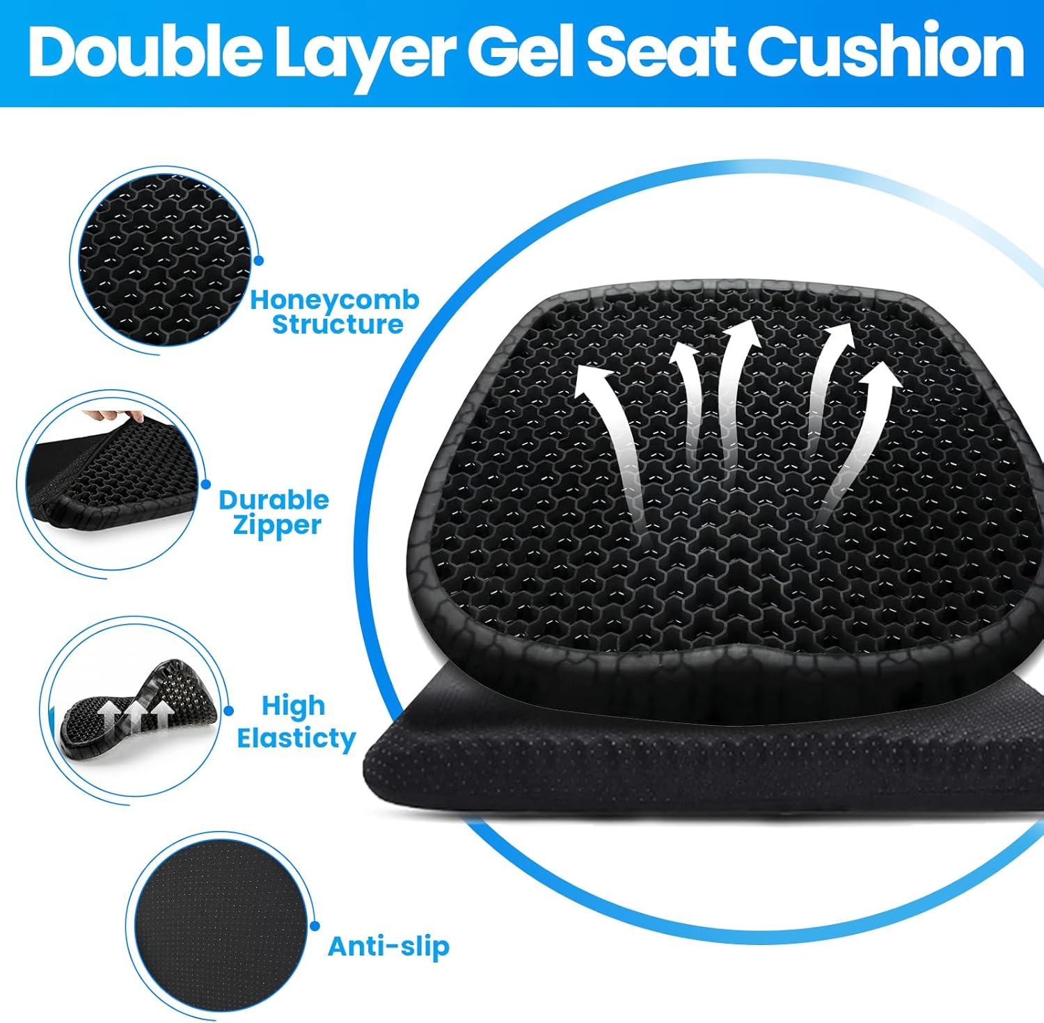 Thumbnail 3 de Wenisuow Gel Seat Cushion with Cover (Double Thick Egg Cushion, Black) for Office, Car, Home & Wheelchair