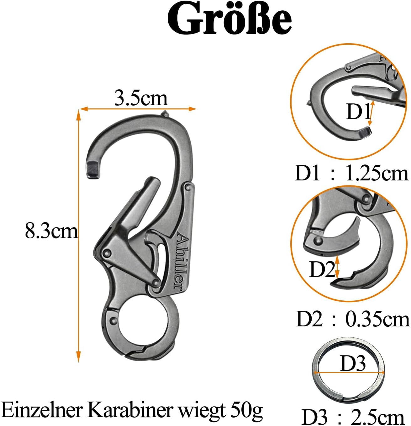 Detalle de Ahiller Karabiner Schlüsselanhänger mit Wolframstahl-Spitze (Notfall-Clip, doppelt gesichert)