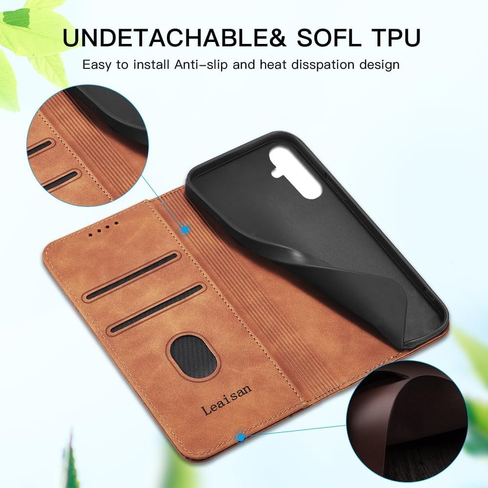 Thumbnail 6 de Leaisan Leder-Flip-Hülle für Samsung Galaxy S24 FE 5G – Braun mit Kartenfächern, Standfunktion und Stossfestem Schutz