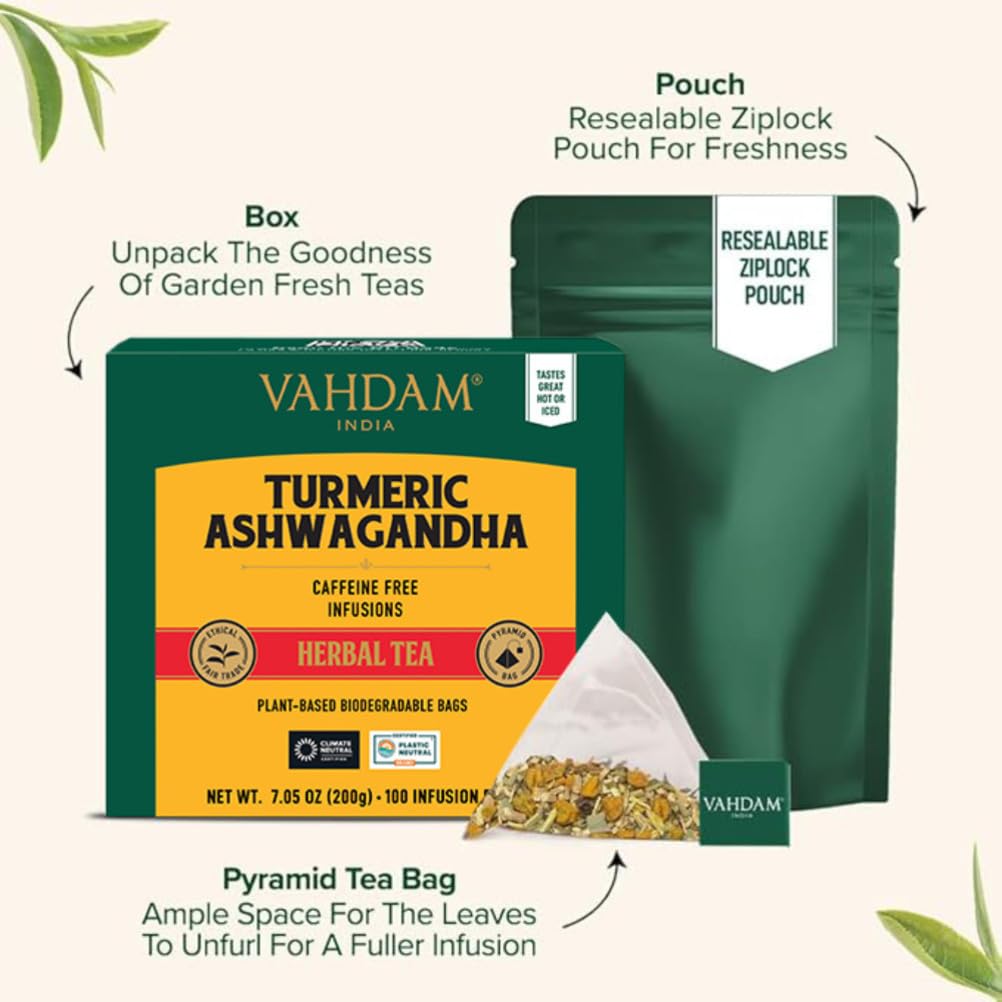 Detalle de VAHDAM Kurkuma Ashwagandha Kräutertee (100 Teebeutel) – koffeinfrei mit Kurkuma, Zitronengras & schwarzem Pfeffer